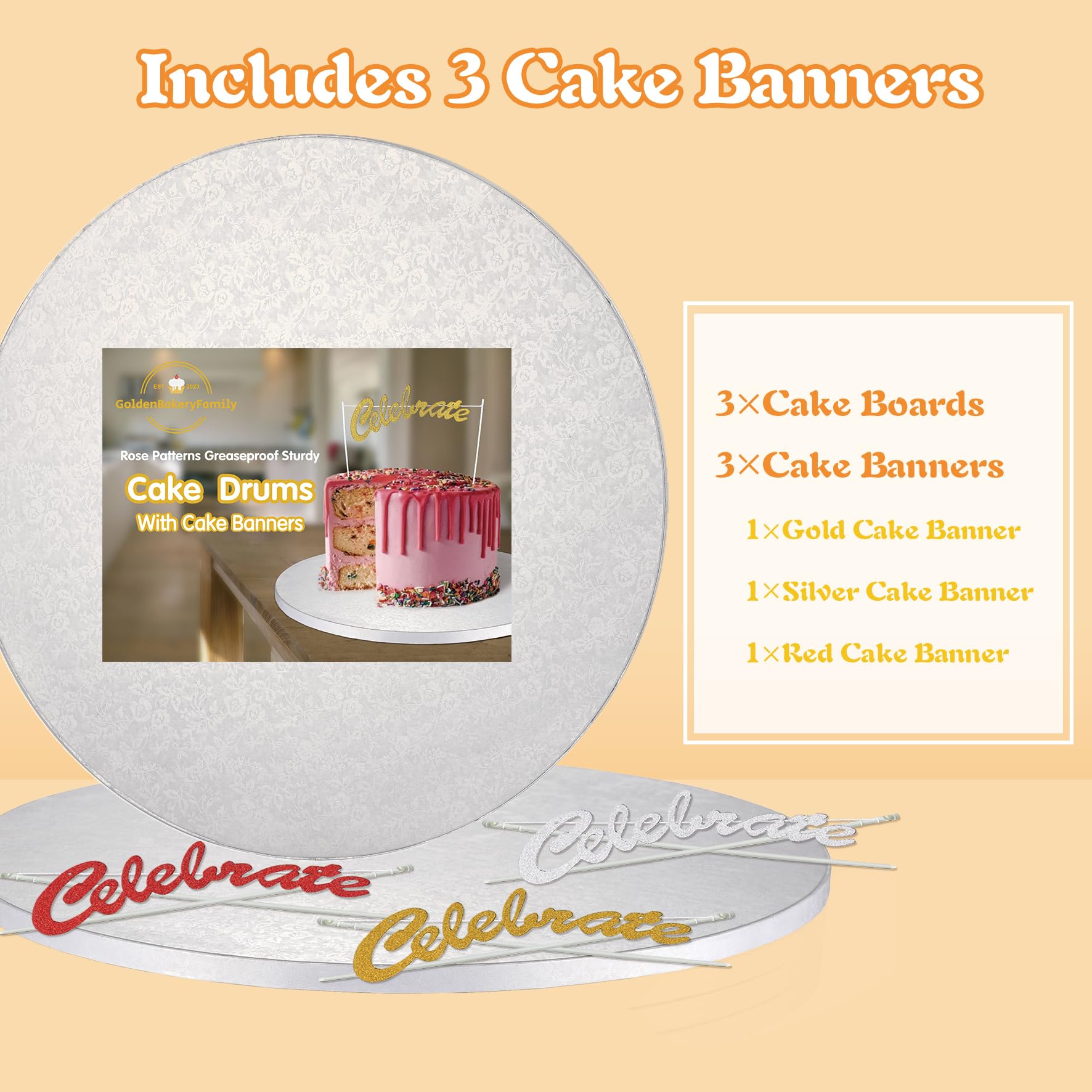 8 Inch Round White Cake Drums with Banner Topper - 3-Pack 1/2 Inch Thick Greaseproof Cake Boards for Birthday, Wedding & Party Cakes - Sturdy Multi-Tiered Cake Base by GoldenBakeryFamily - Perfect for Professional Baking, Dessert Displays & Special Occasions