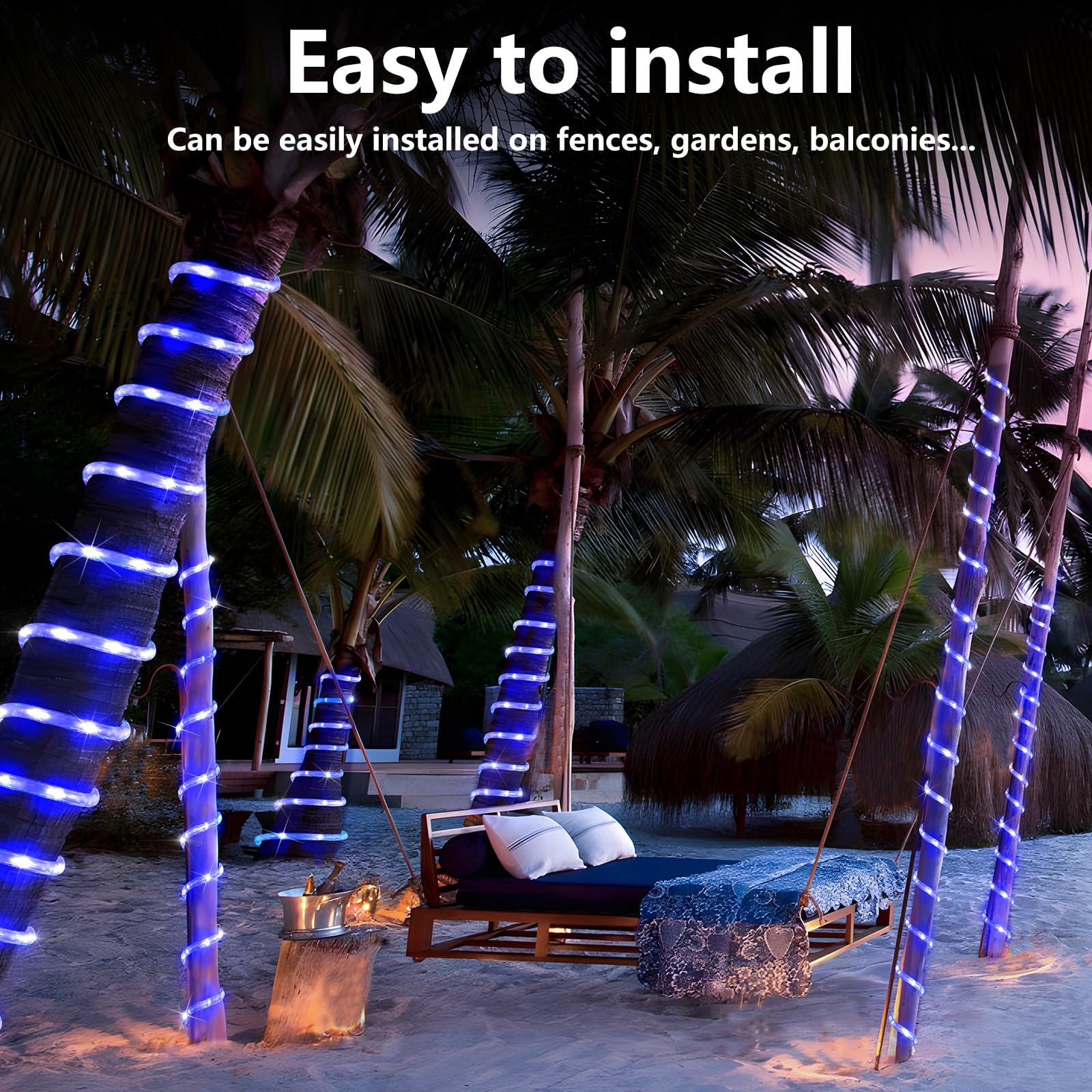KNONEW 50FT Waterproof LED Rope Lights - 300 LEDs with 8 Lighting Modes, Clear Tube for Indoor & Outdoor Use | Perfect for Bedroom, Garden, Patio, Christmas Tree, RV, Wedding & Holiday Decorations (Blue)