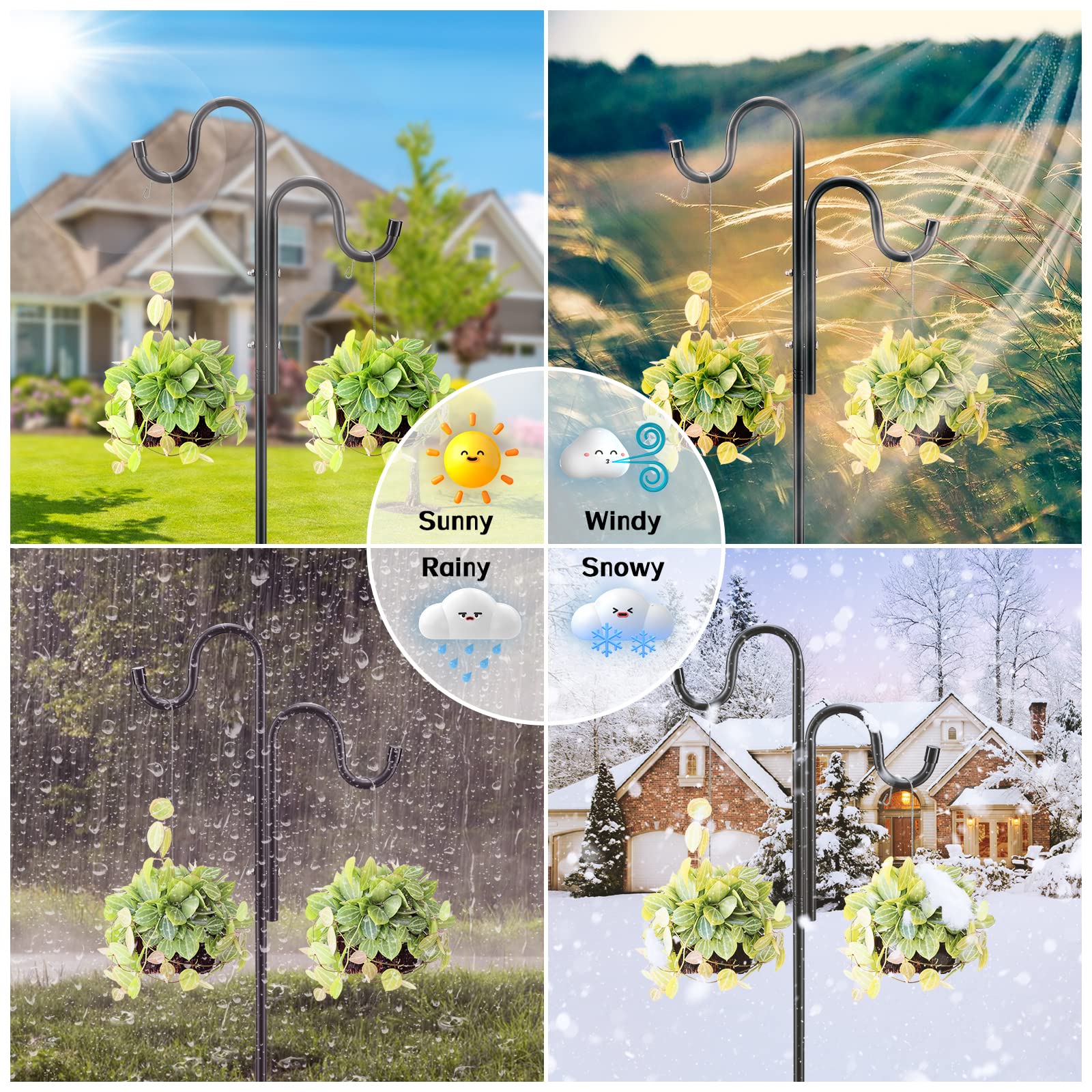 92-inch Heavy Duty Stainless Steel Double Shepherd Hooks for Outdoor Bird Feeders - 5-Prong Base for Wind Chimes, Solar Lights & Wedding Decor | Perfect for Garden, Patio & Backyard Decoration