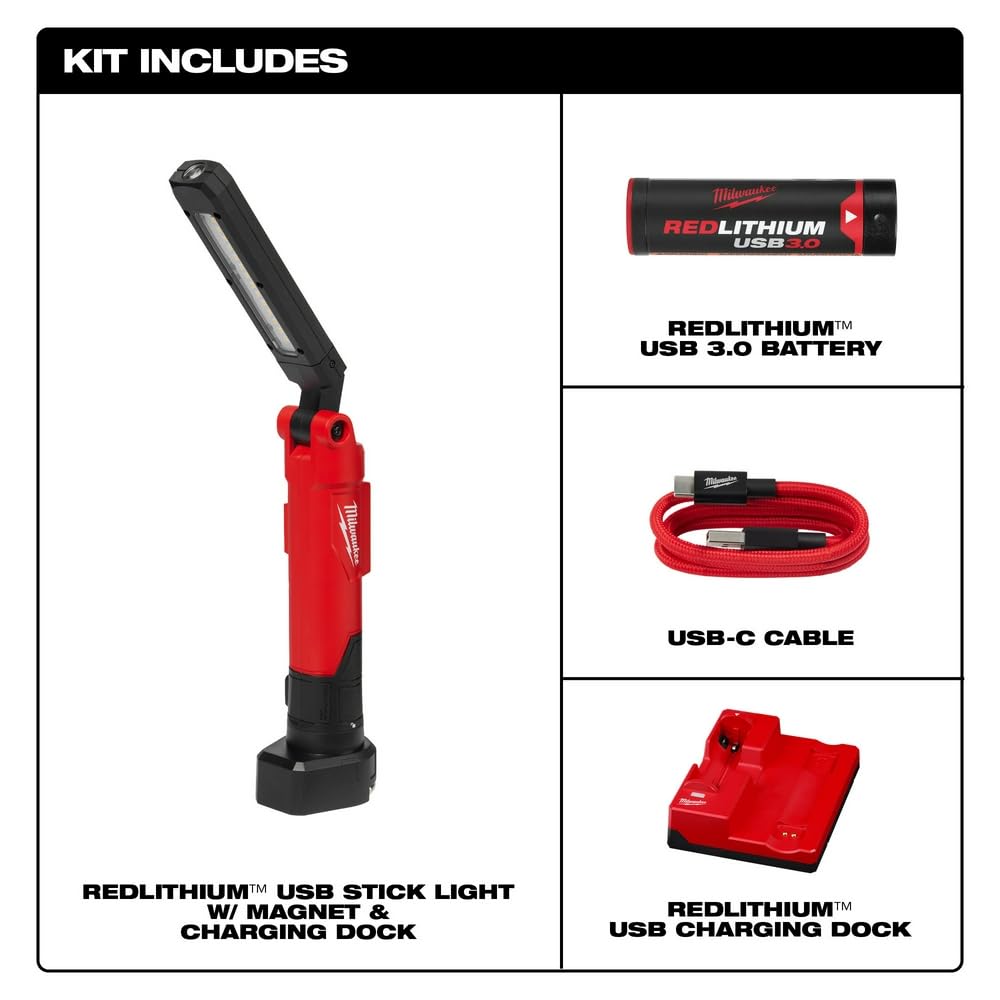 Milwaukee Electric Tool Redlithium USB Stick Light - Compact Portable Work Light for Mechanics, Camping, Emergency, and DIY Projects
