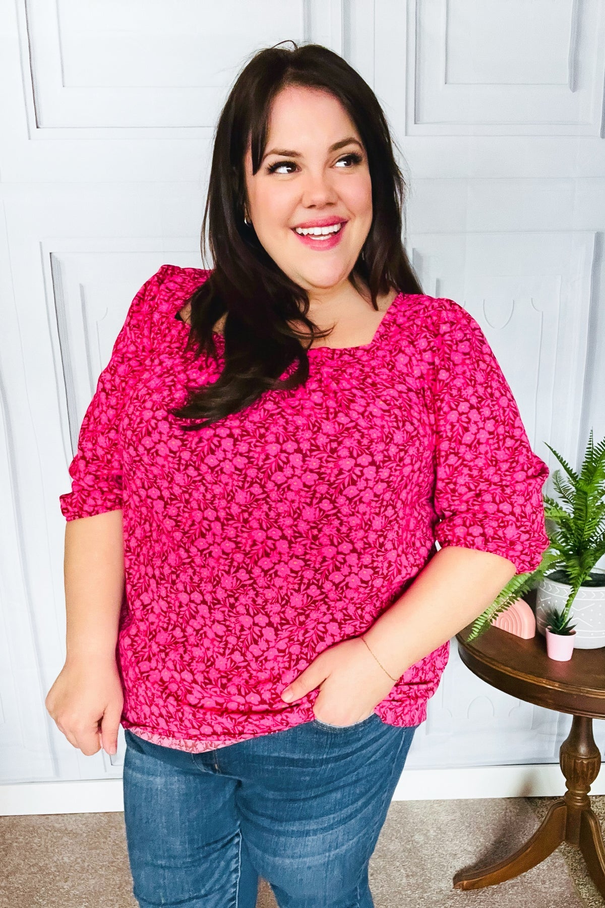 Perfectly You Fuchsia Floral Print Three Quarter Sleeve Square Neck Blouse for Women | Casual Spring Summer Tops for Office Wear & Date Night Outfits