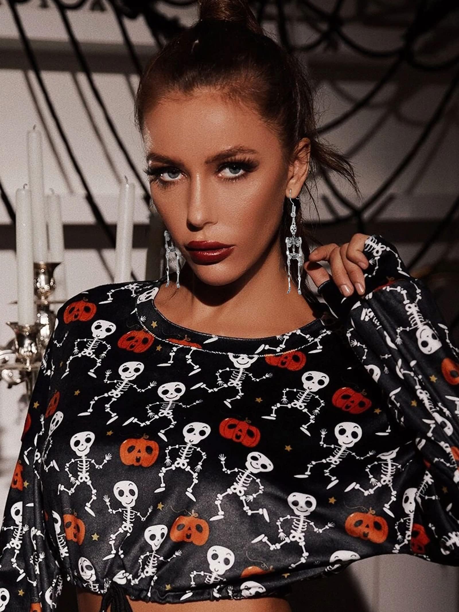 Halloween Skeleton Dangle Earrings for Women - Rhinestone Skull Drop Earrings | Gothic Jewelry, Spooky Costume Accessories & Holiday Gift Ideas | Perfect for Halloween Parties, Cosplay & Themed Events