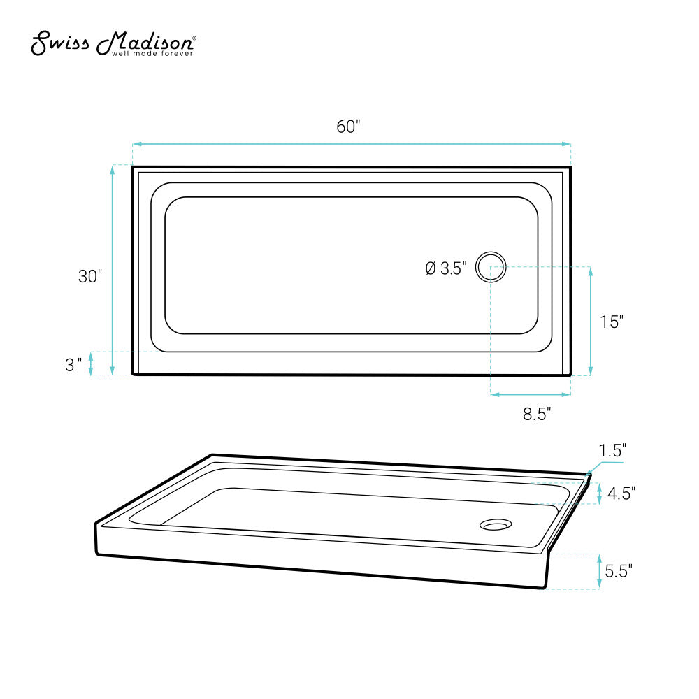 Voltaire 60 x 30 Inch Glossy White Shower Pan Base with Right Drain - Perfect for Bathroom Remodeling and Modern Walk-In Showers