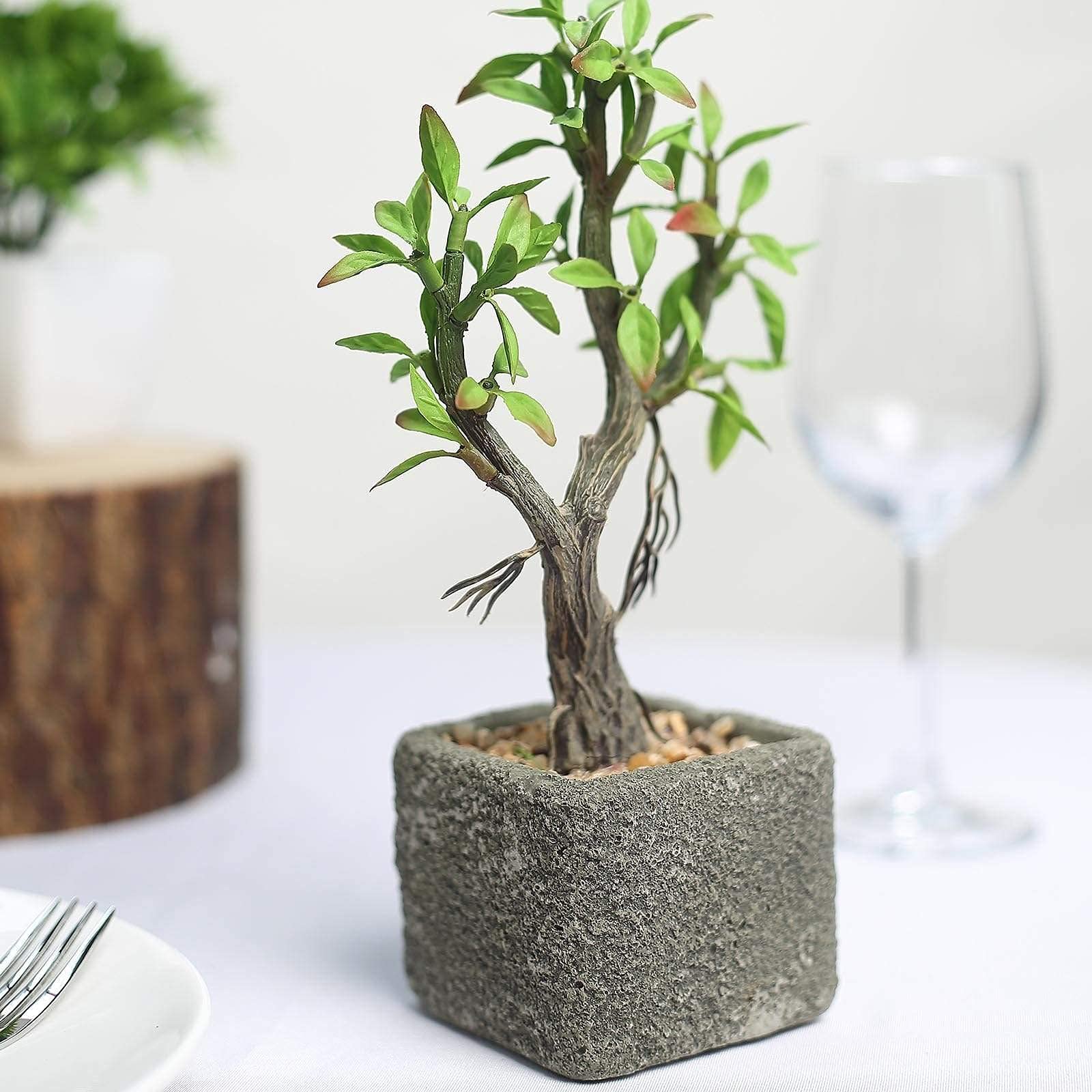 9 Inch Tall Balsa Concrete Planter Pot with Artificial Mini Willow Tree - Modern Indoor Outdoor Home Garden Decor for Living Room, Patio, Office & Balcony