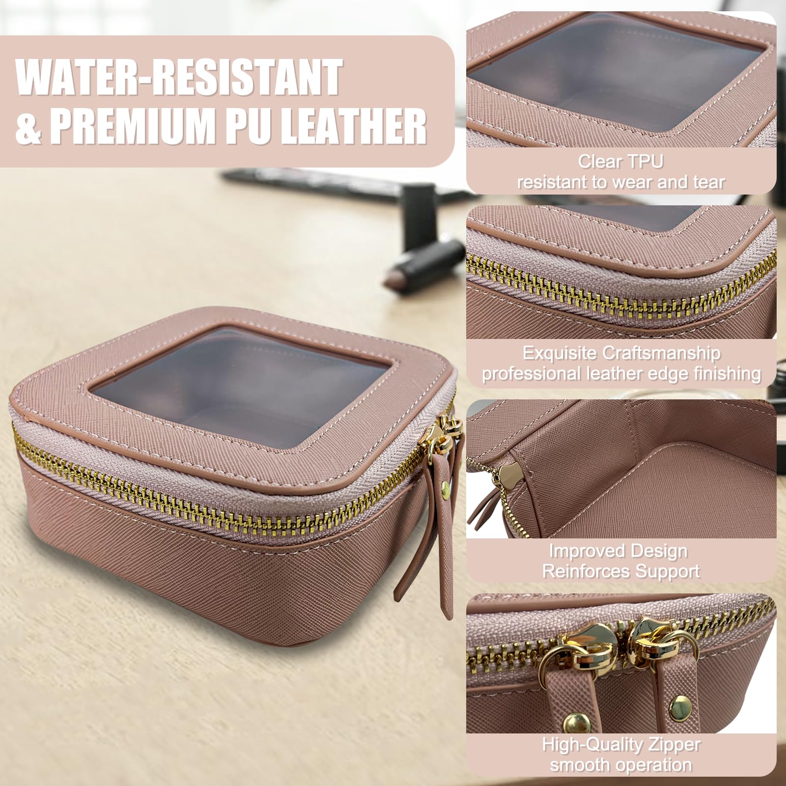 Mini Makeup Bag for Women - Small Waterproof Cosmetic & Toiletry Travel Organizer with Clear Windows & Gold Zippers | Perfect for Travel, Gym, Daily Essentials (Pink, Mini Size)