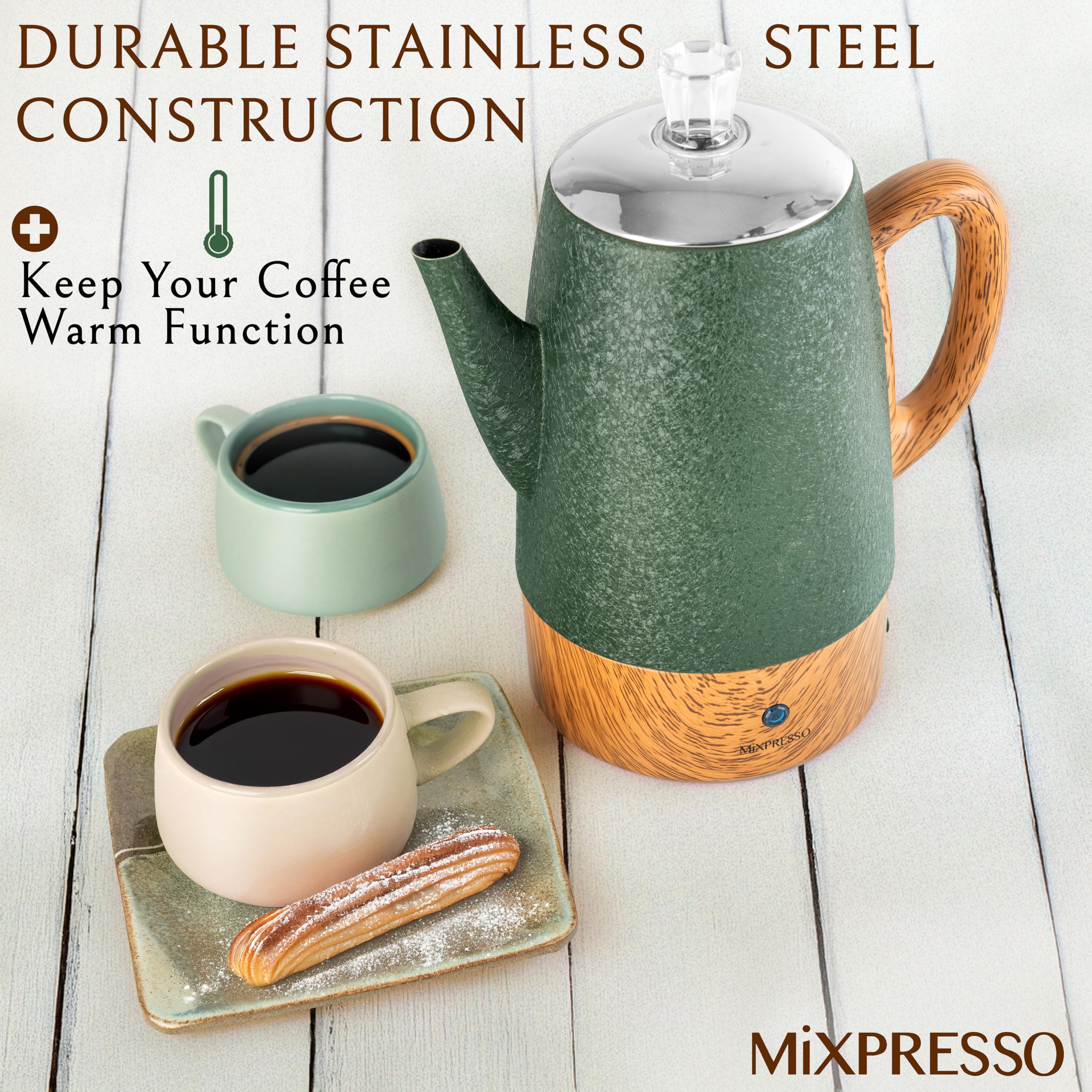 Mixpresso 10-Cup Electric Coffee Percolator with Keep Warm Function - Stainless Steel Coffee Maker with Basket for Home, Office & Camping (Shiny Green)