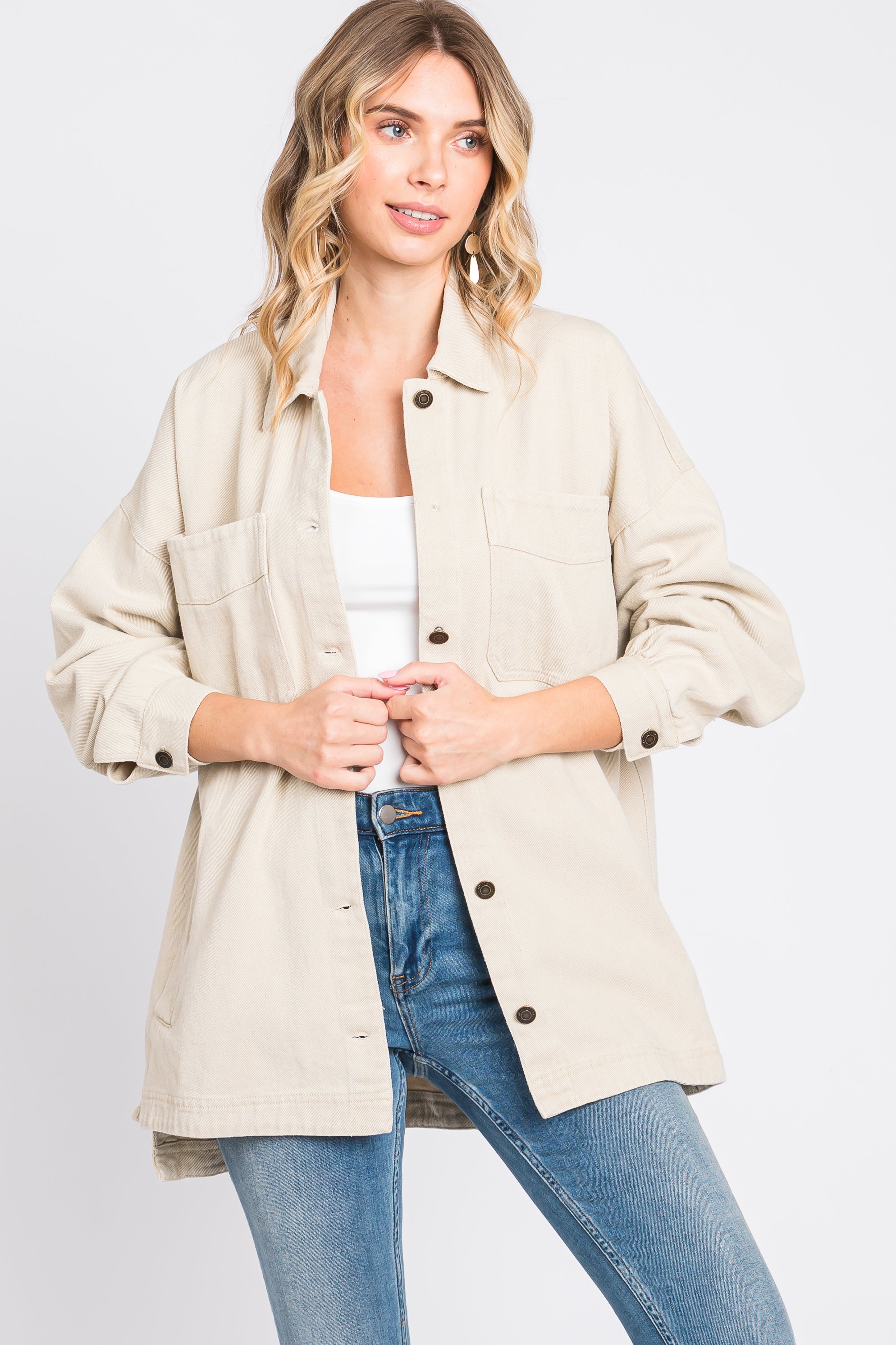 Beige Denim Maternity Jacket for Women - Stylish Button Down Shirt for Pregnancy - Perfect for Casual Outings, Office Wear & Baby Showers