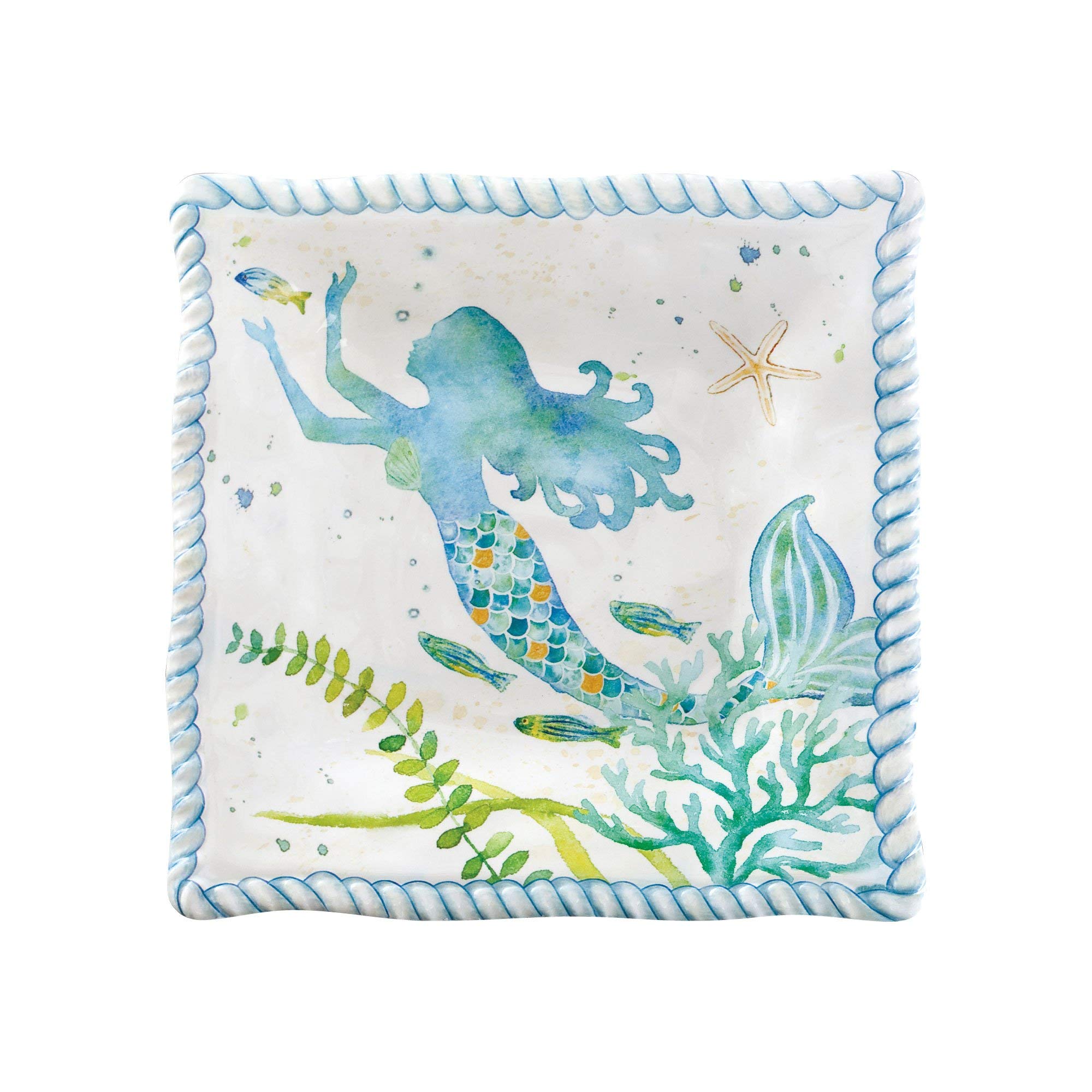 UPware Mermaid Melamine Square Dessert Plates - 6 Inch Small Serving Plates for Appetizers, Snacks & Side Dishes - Set of 4 Blue Dishware - Perfect for Beach Parties, Poolside Snacks & Summer Entertaining
