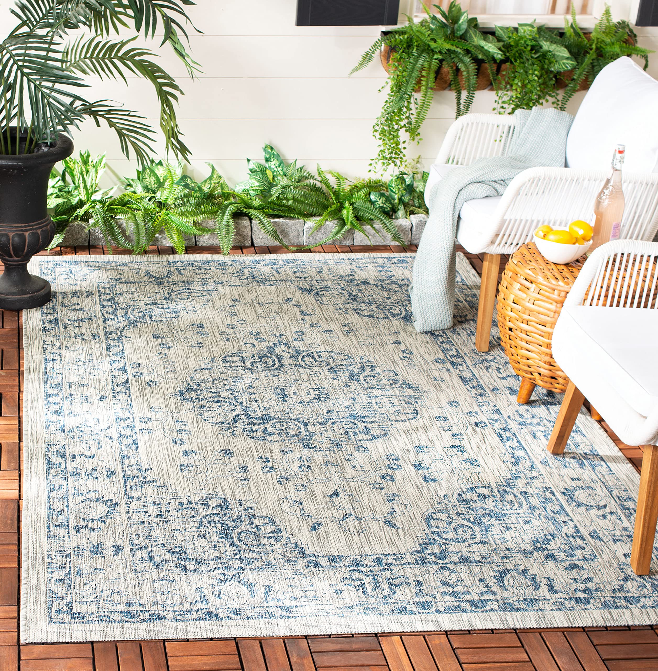 SAFAVIEH Courtyard Collection 9' x 12' Grey & Navy Indoor Outdoor Area Rug - Non-Shedding, Washable, Easy Care - Perfect for Patio, Backyard, Mudroom, Living Room & Bedroom (CY8679-368)