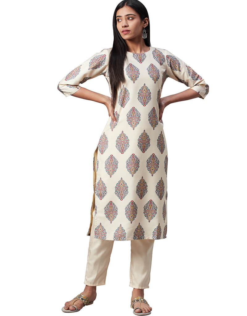 Beige Poly Silk Pant Kurti - Elegant Indian Tunic Top with Pants for Women | Perfect for Festivals, Weddings & Casual Wear