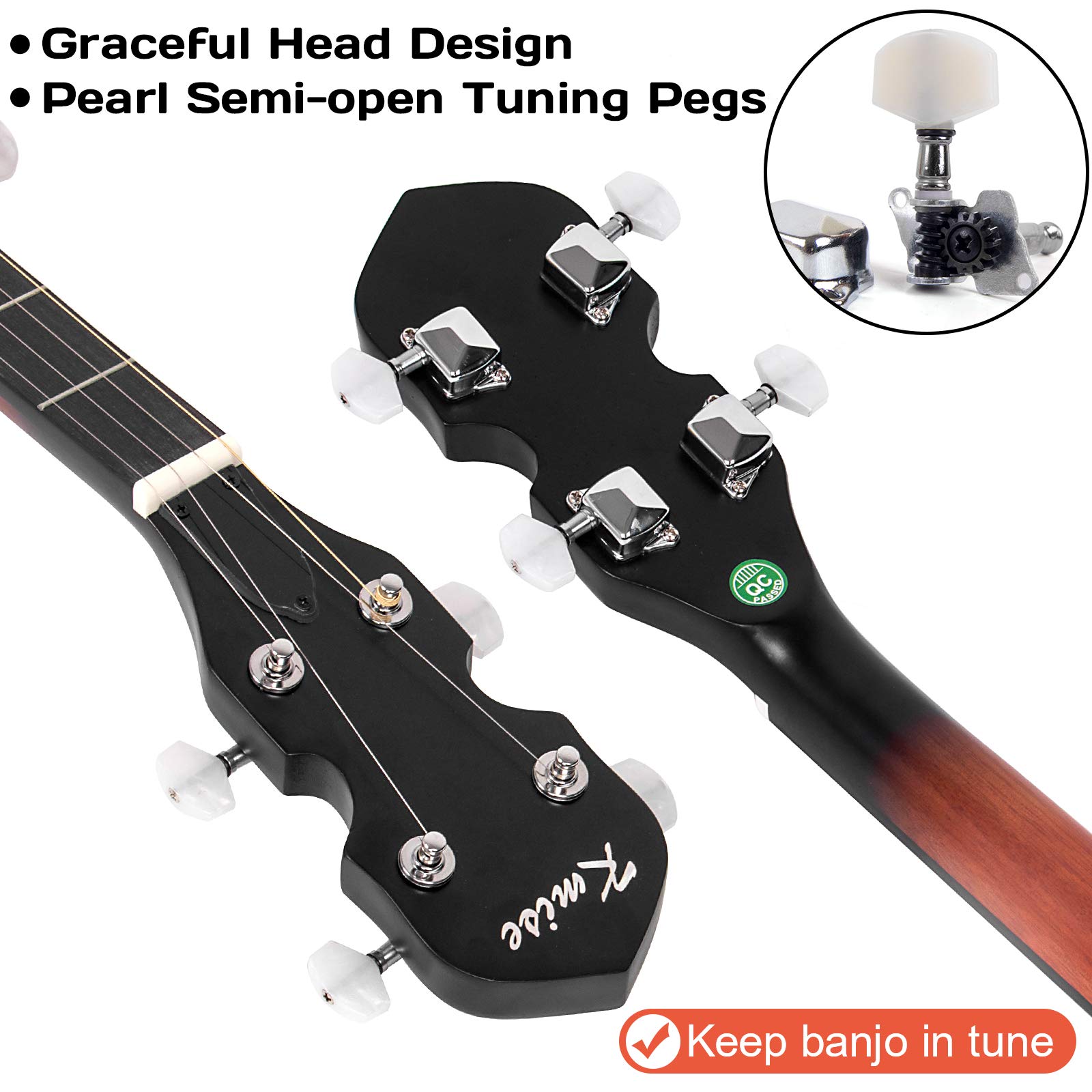 Kmise 5-String Banjo with 24 Brackets, Open Solid Back, Geared 5th Tuner & Arm Rest – Includes Gig Bag, Tuner, Strings, Strap, Picks & Wrench – Perfect for Beginners, Bluegrass & Live Performances