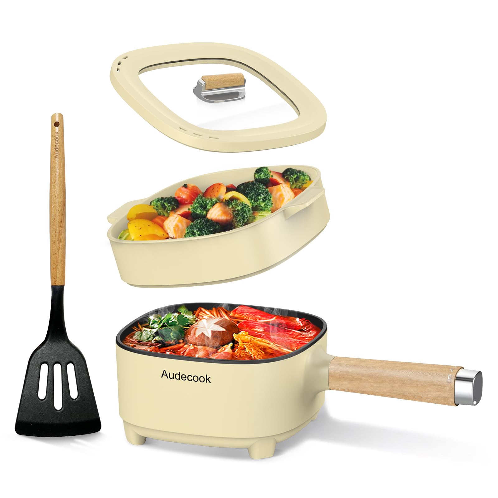 Audecook 2L Electric Hot Pot & 8-Inch Ceramic Non-Stick Frying Pan - Dual Power Control Portable Cooker for Ramen, Steak, Fried Rice, Oatmeal & Soup - Perfect for Dorm, Office, Camping & Travel (Includes Silicone Spatula)