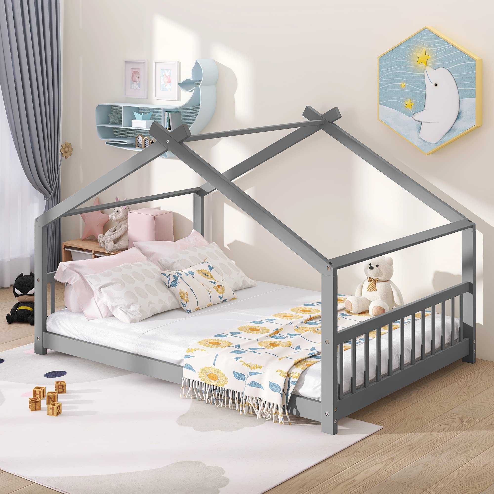 Harper & Bright Designs Full Size Wooden House Bed for Kids with Headboard & Footboard - Montessori Toddler Bed Frame, No Box Spring Needed (Full, Gray) - Perfect for Nursery, Bedroom & Playroom Decor