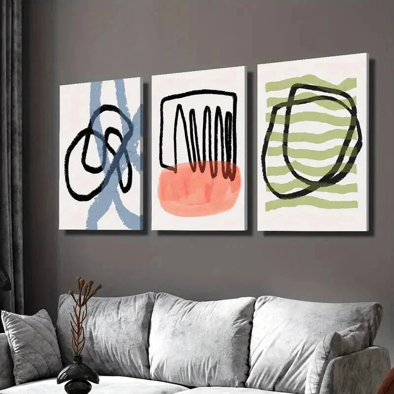 3pcs Abstract Black Blue Red Green Line Drawing Wall Art Set - 40x60cm Framed Canvas Prints - High Quality Australian Made - Ready to Hang - Perfect for Living Room, Bedroom & Office Decor