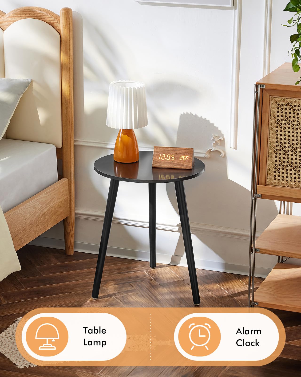 Apicizon Black Round Side Table with Wood Legs - 16.5 x 20.5 Inch End Table, Nightstand for Bedroom, Living Room & Nursery - Perfect for Small Spaces, Coffee Table Alternative & Bedside Storage