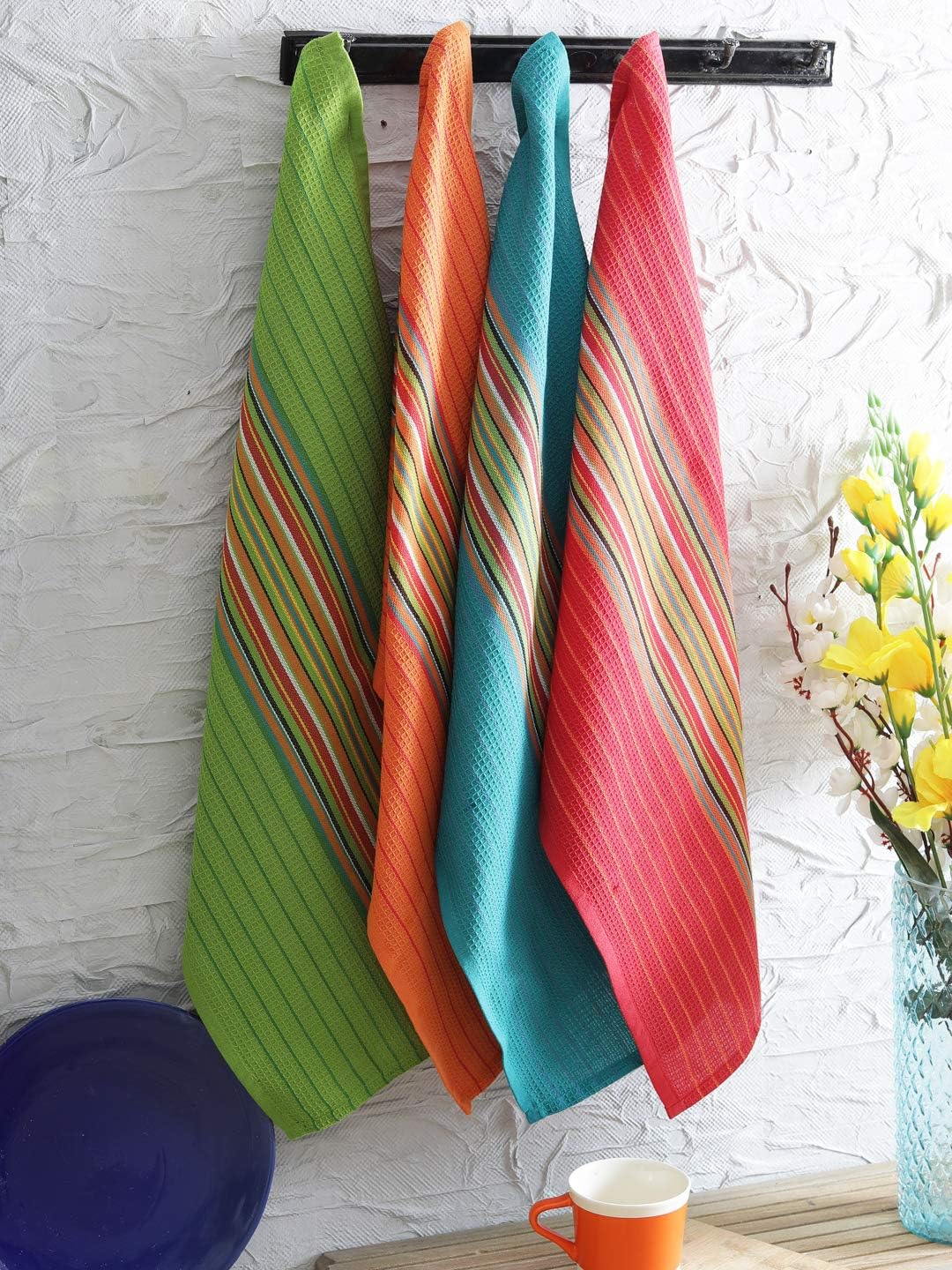 DG Collections Salsa Kitchen Towels - 100% Cotton Dish Towels Set of 8 (16x28 Inches) | Soft, Absorbent Waffle Weave Tea Towels for Cooking, Cleaning & Decor | Multi-Purpose Kitchen Essentials for Dishes, Hands & Countertops
