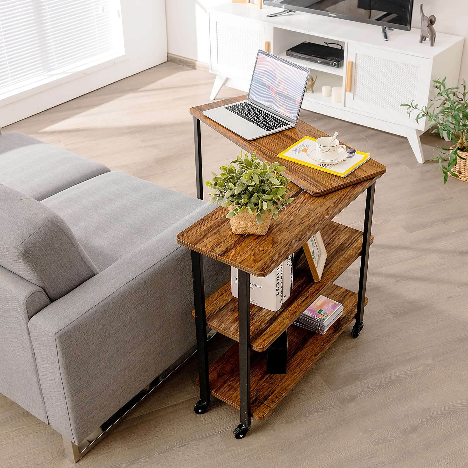 Tangkula 360° Rotating Side Table for Couch - 2-Tier Mobile Laptop Desk with Sturdy Metal Frame, Snack Table for Living Room, Bedroom & Home Office - Perfect for Working, Reading & Relaxing (Brown)