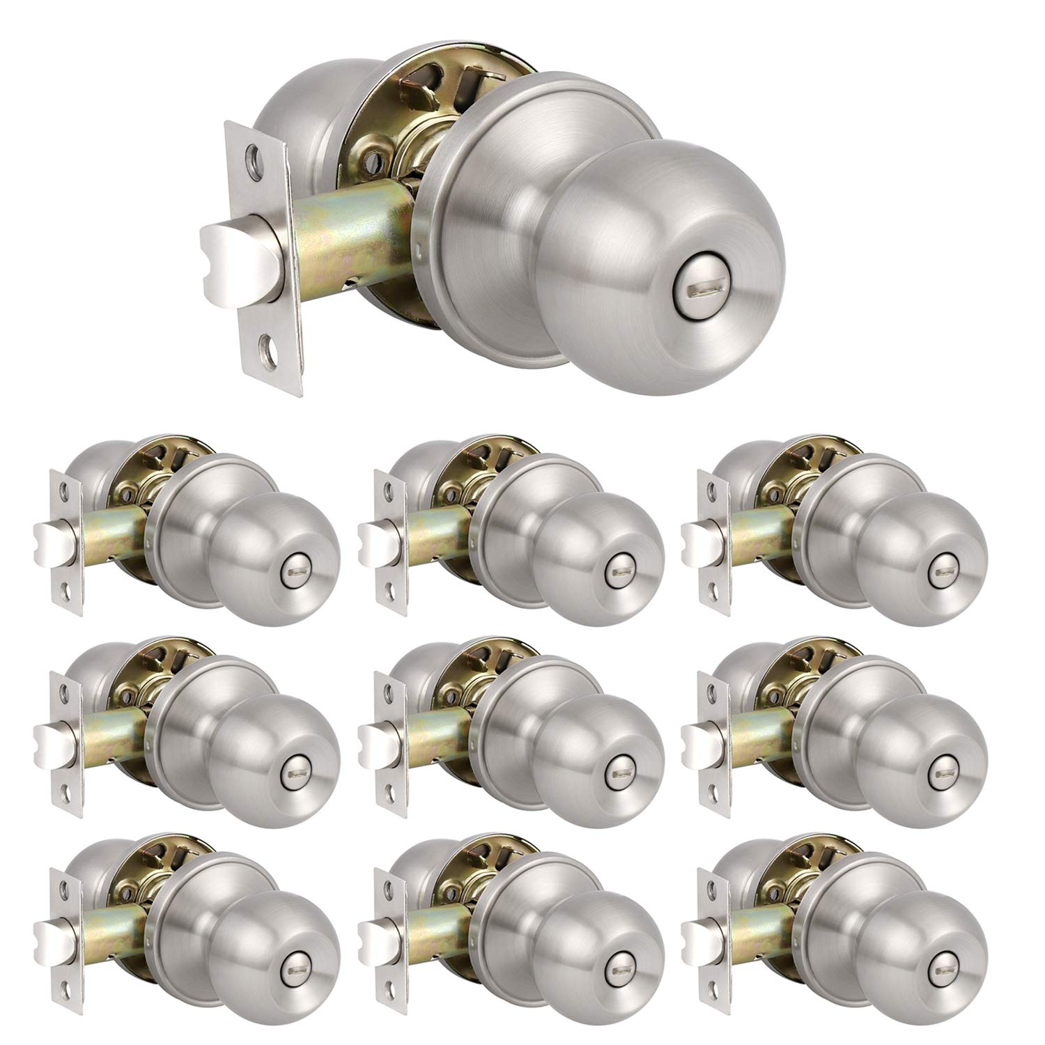 10 Pack Satin Nickel Door Knobs - Privacy Bedroom & Bathroom Door Handles - Interior Ball Shape Hardware for Home, Office & Hotel Use