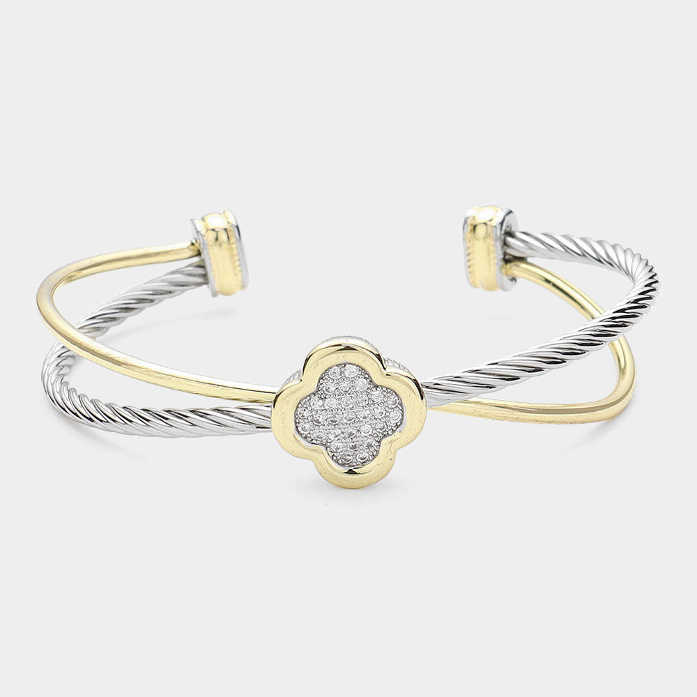 CZ Stone Quatrefoil Two-Tone Split Cuff Bracelet for Women | Elegant Fashion Jewelry Gift for Birthday, Anniversary & Special Occasions | Perfect for Parties, Weddings & Evening Events