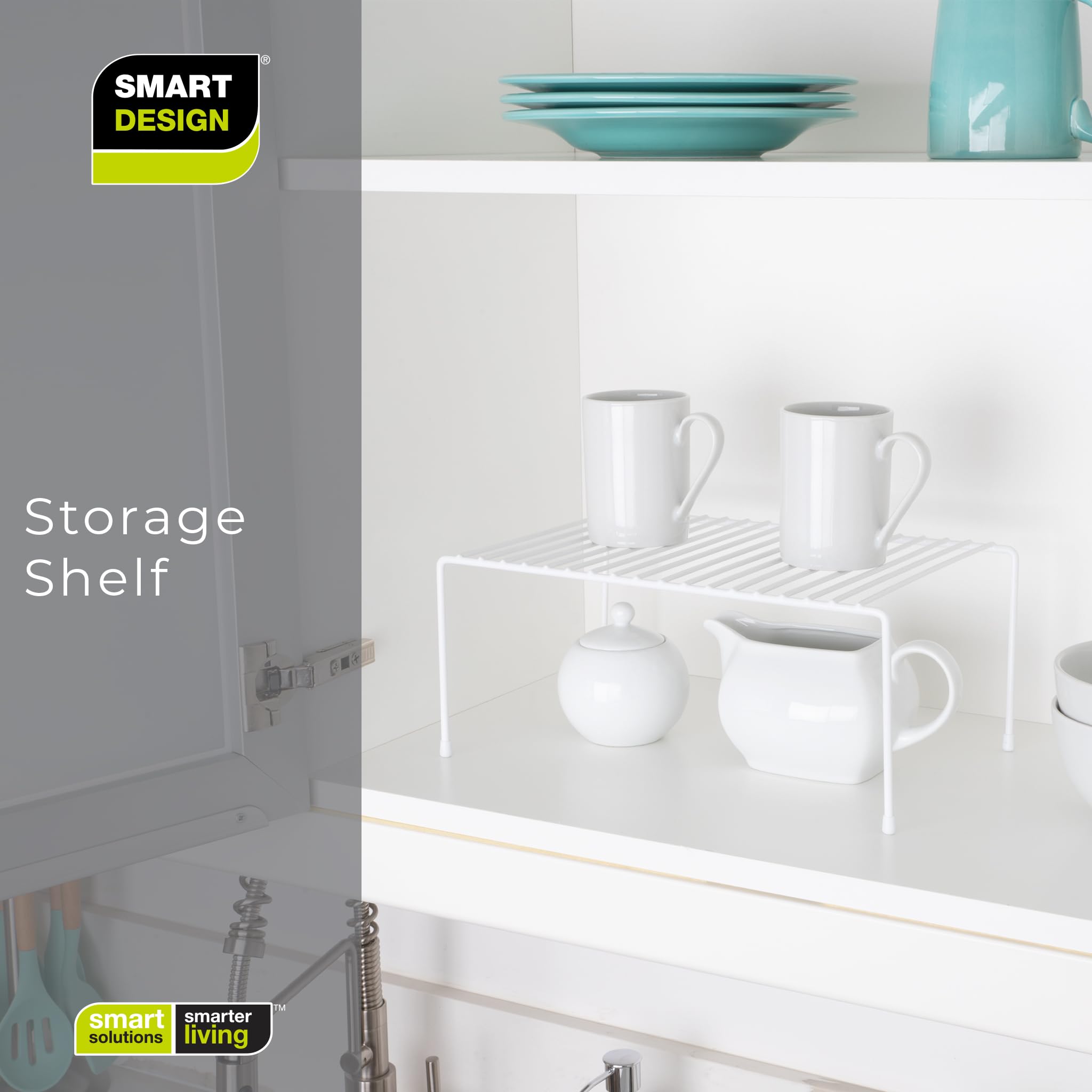 Smart Cabinet Storage Shelf Rack - Set of 6 Medium 8.5 x 13.25 Inch - Non-Slip Feet & Rust-Resistant Steel Frame - Kitchen Pantry Organizer for Cups, Dishes, Spices - Perfect for Countertop, Cabinet & Pantry Organization - White