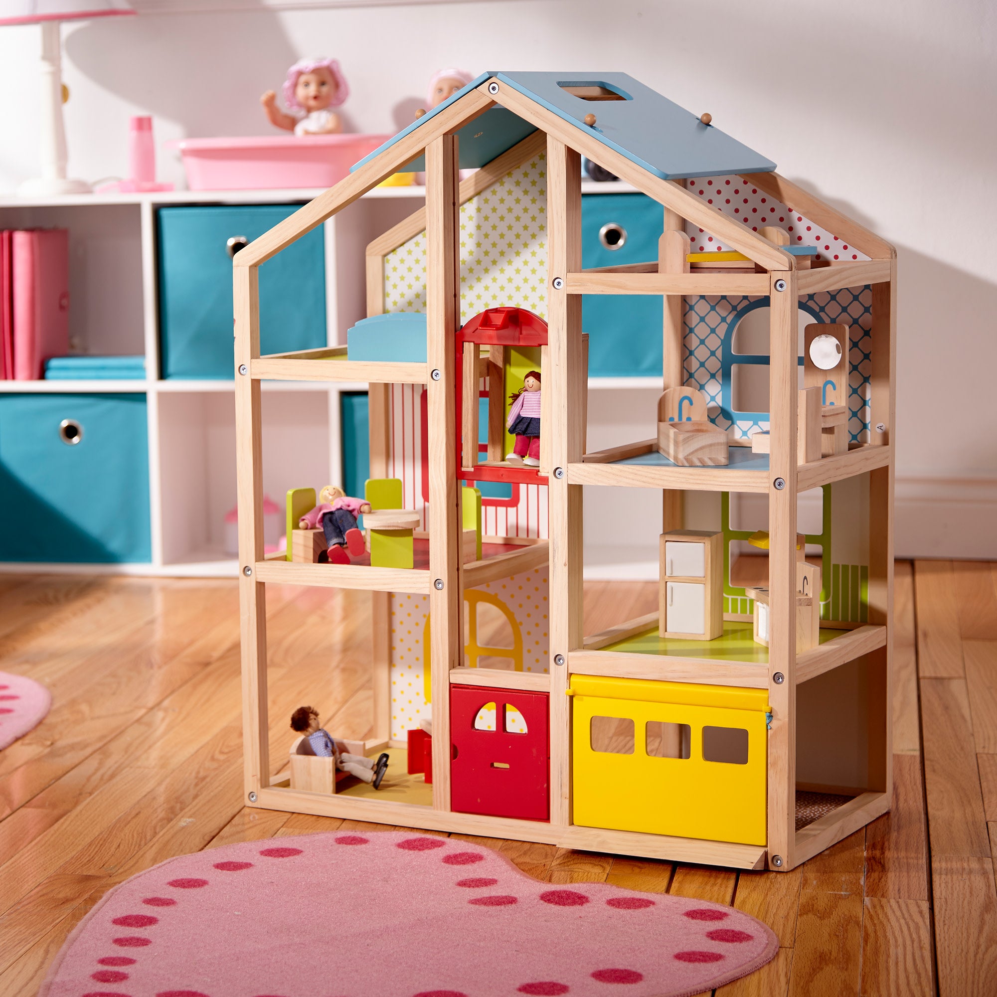 Wooden High Rise Dollhouse for Kids - Modern Miniature Doll House with Furniture - Perfect for Pretend Play & Room Decor