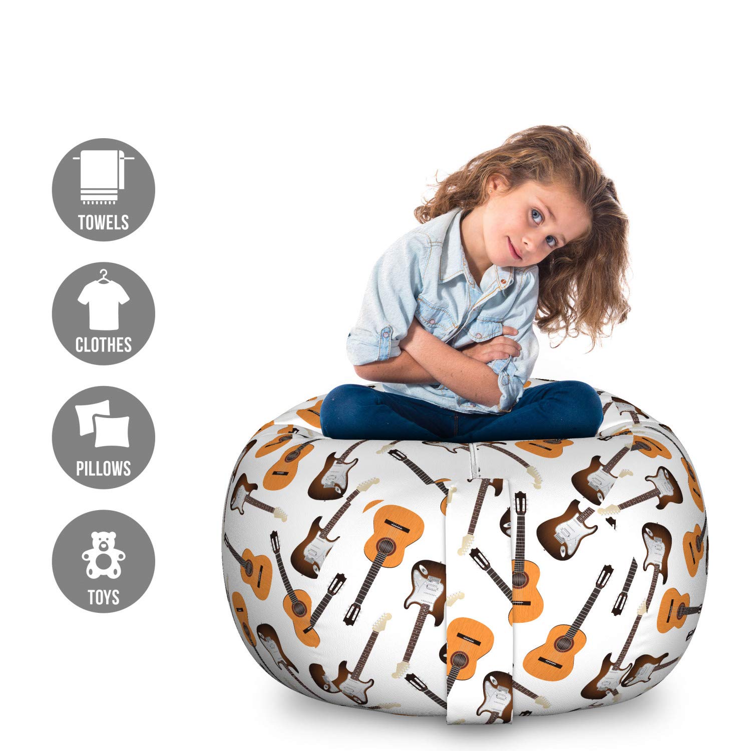 Ambesonne Guitar Storage Toy Bag Chair - Large Washable Organizer for Stuffed Animals & Toys - Classic & Electric Guitar Design in Pale Orange, Brown & White - Perfect for Kids' Rooms, Playrooms & Music Lovers' Spaces