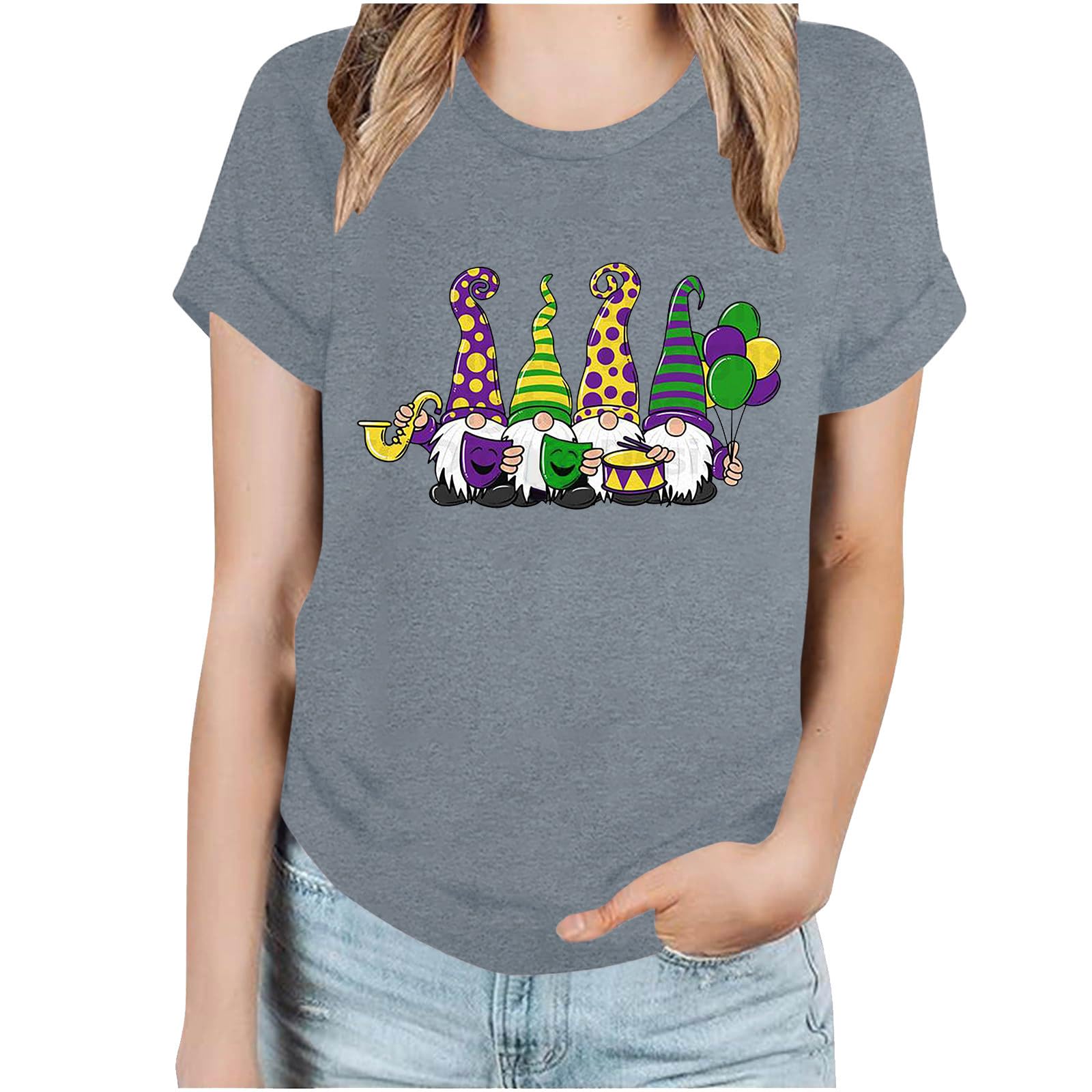 Funny Mardi Gras Print T-Shirts for Women - Short Sleeve Round Neck Carnival Theme Tops | Perfect for Mardi Gras Parties, Festivals & Costume Events