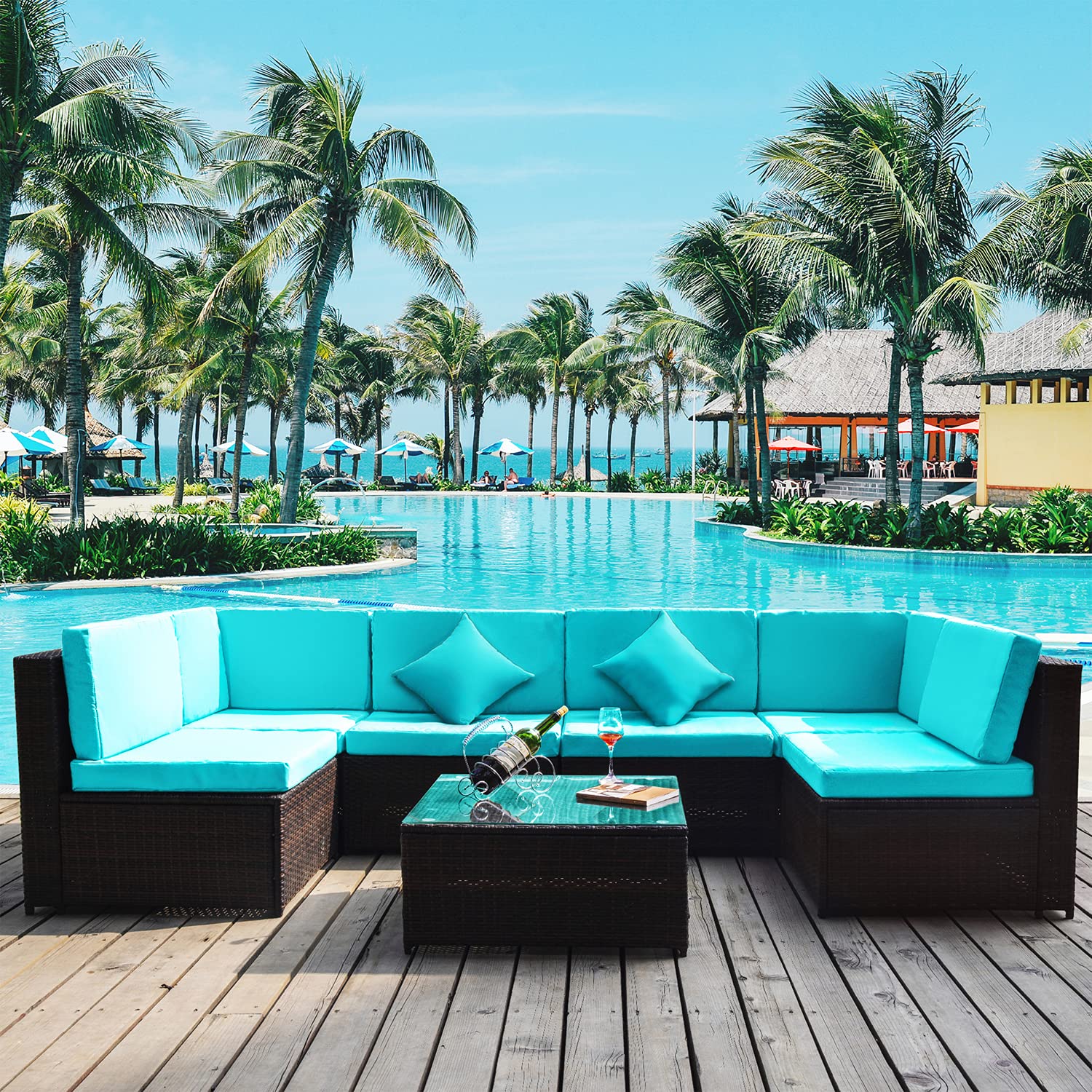 7-Piece Outdoor Rattan Patio Furniture Set - All-Weather U-Shaped Wicker Sofa with Dining Table, Chairs & Blue Cushions - Perfect for Garden, Backyard, Poolside & Outdoor Lounge Areas