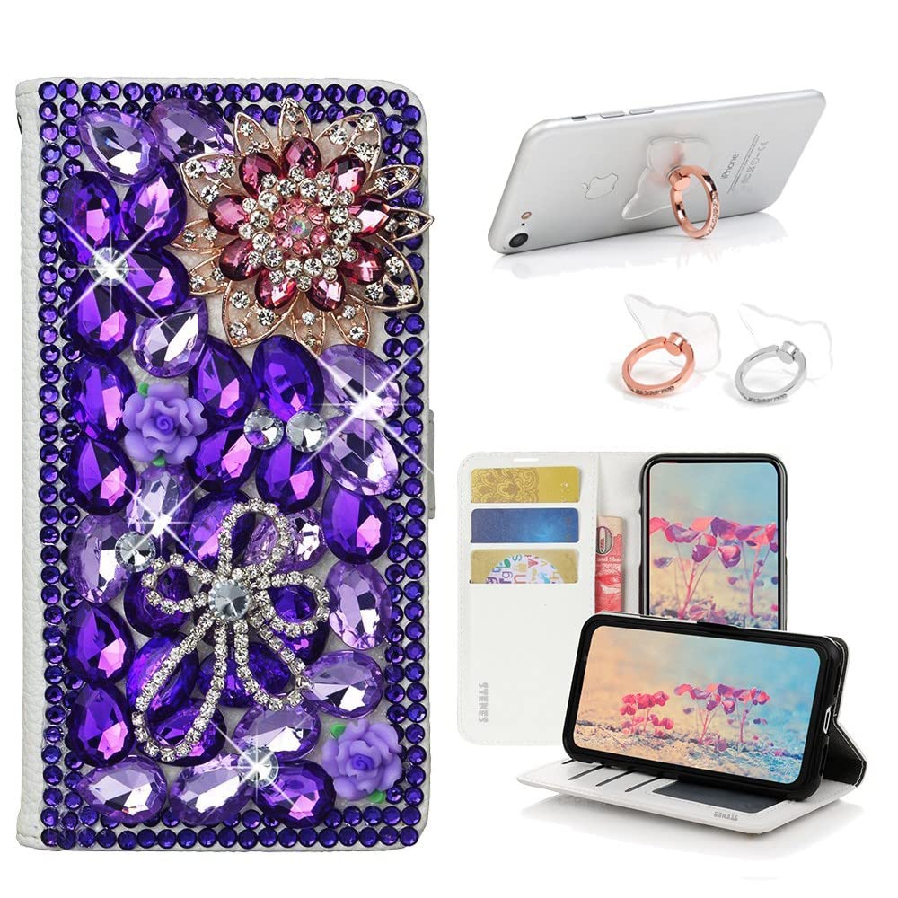 STENES Bling Wallet Phone Case for OnePlus 7T - 3D Handmade Luxury Floral Design Leather Cover with Card Slots & Ring Stand Holder [2 Pack] - Deep Purple - Perfect for Women's Fashion Accessories & Everyday Use