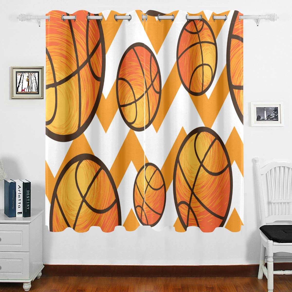 DOMIKING Blackout Curtains for Bedroom - Thermal Insulated Basketball Design Window Drapes with Grommet Top, 63x55 Inch, Darkening Room Divider for Living Room & Nursery - Perfect for Light Sleepers and Home Theater Setup