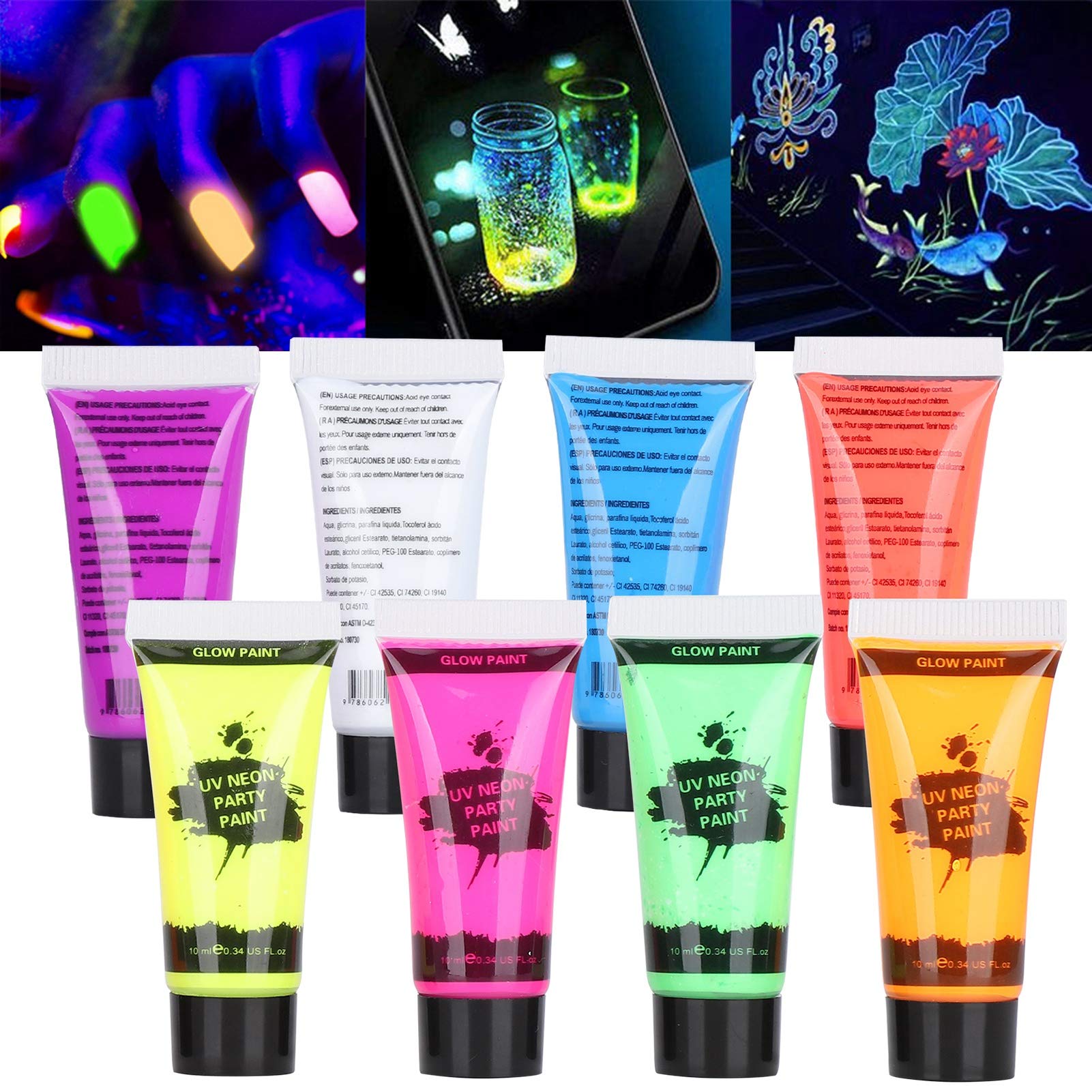 Non-Toxic Water-Based Face & Body Paint Set - Blacklight Fluorescent Paint for Nightclubs, Halloween, Festivals & UV Parties - Safe for Kids & Adults
