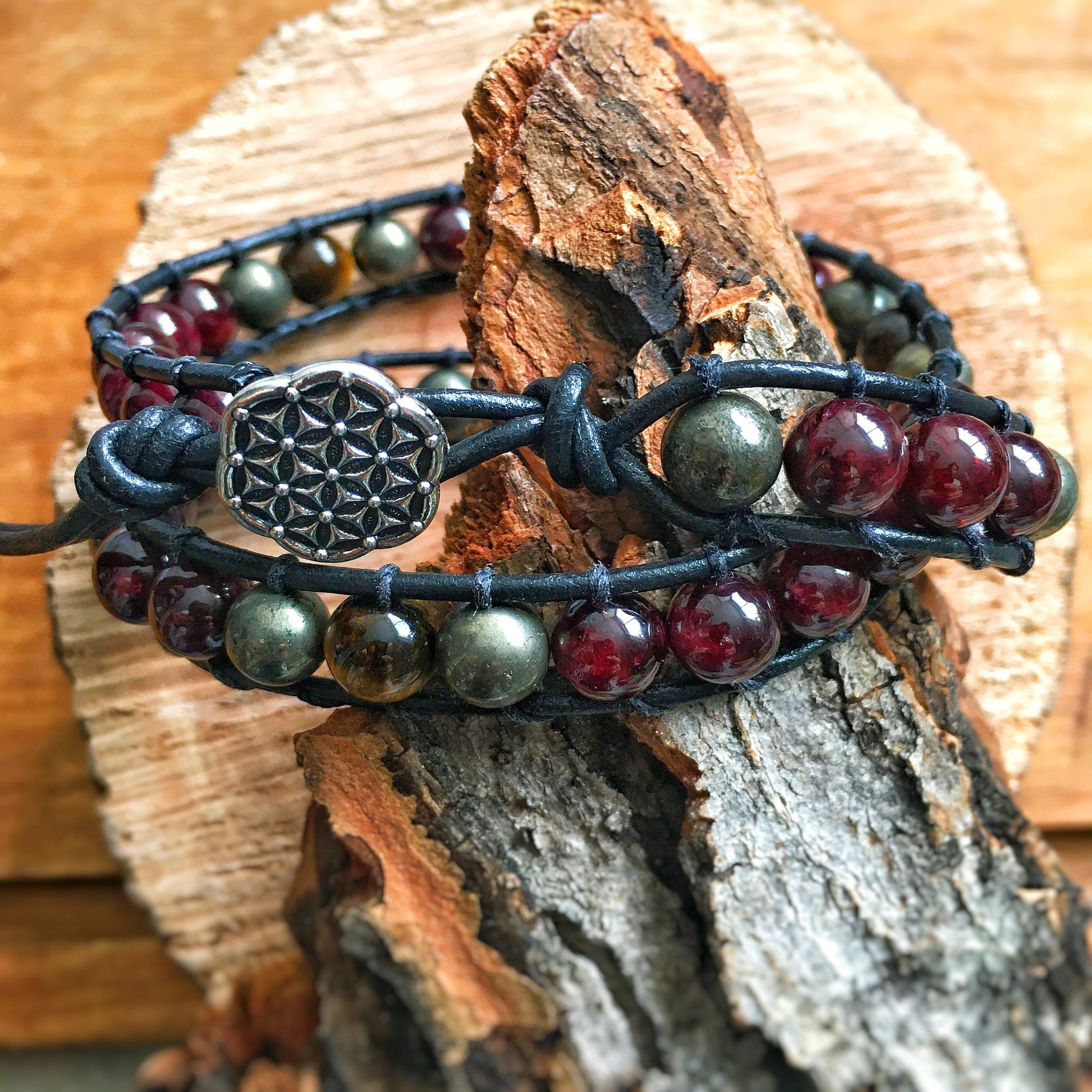 Garnet Bracelet & Tiger's Eye Leather Wrap Bracelet for Women - Prosperity & Fortitude Stone Jewelry - Perfect for Meditation, Yoga & Spiritual Healing