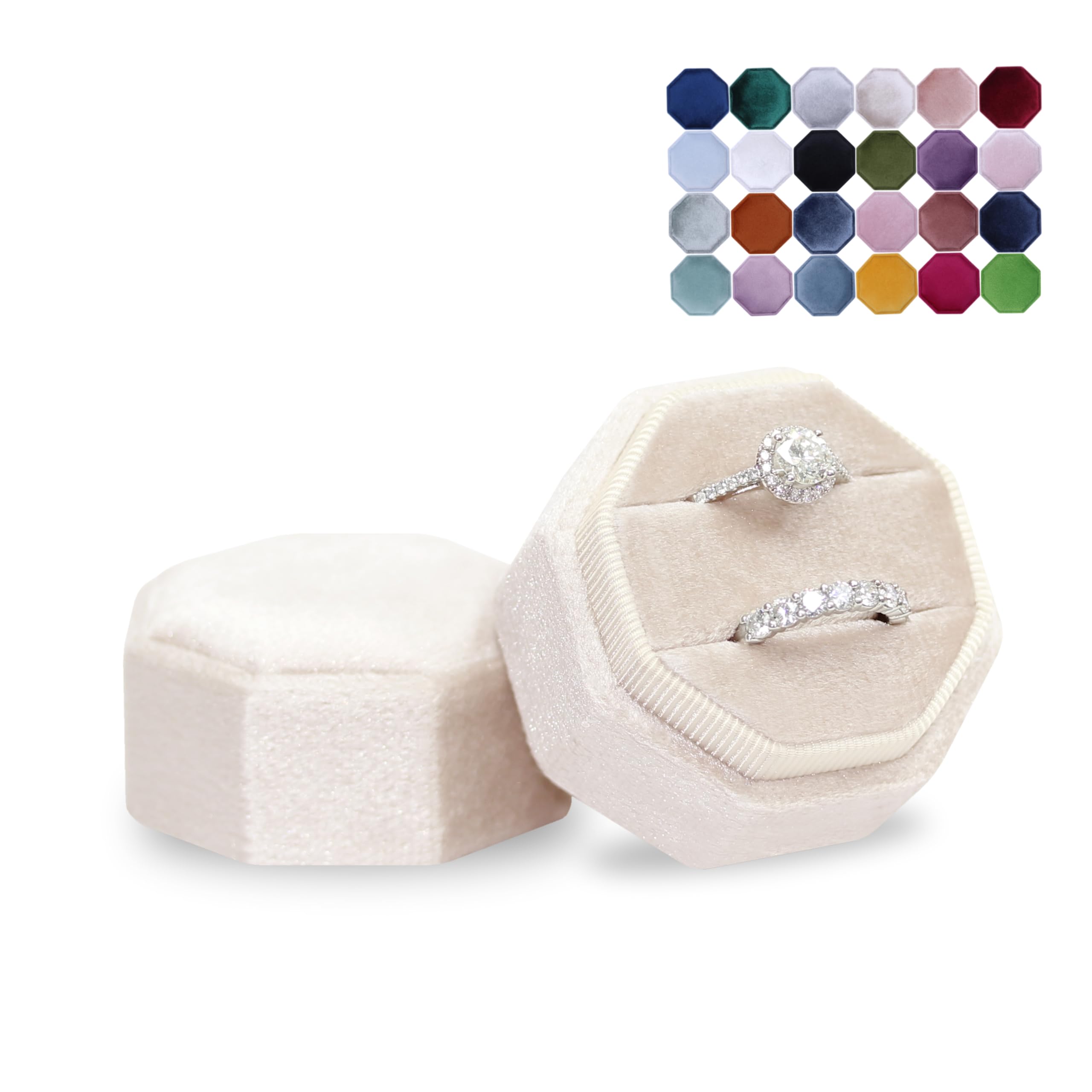 BLUTETE Velvet 2 Slots Jewelry Ring Box - Octagon Engagement Wedding Keepsake Box for Bridal Photos & Rings (Champange) | Perfect for Proposals, Vow Renewals & Anniversary Gifts
