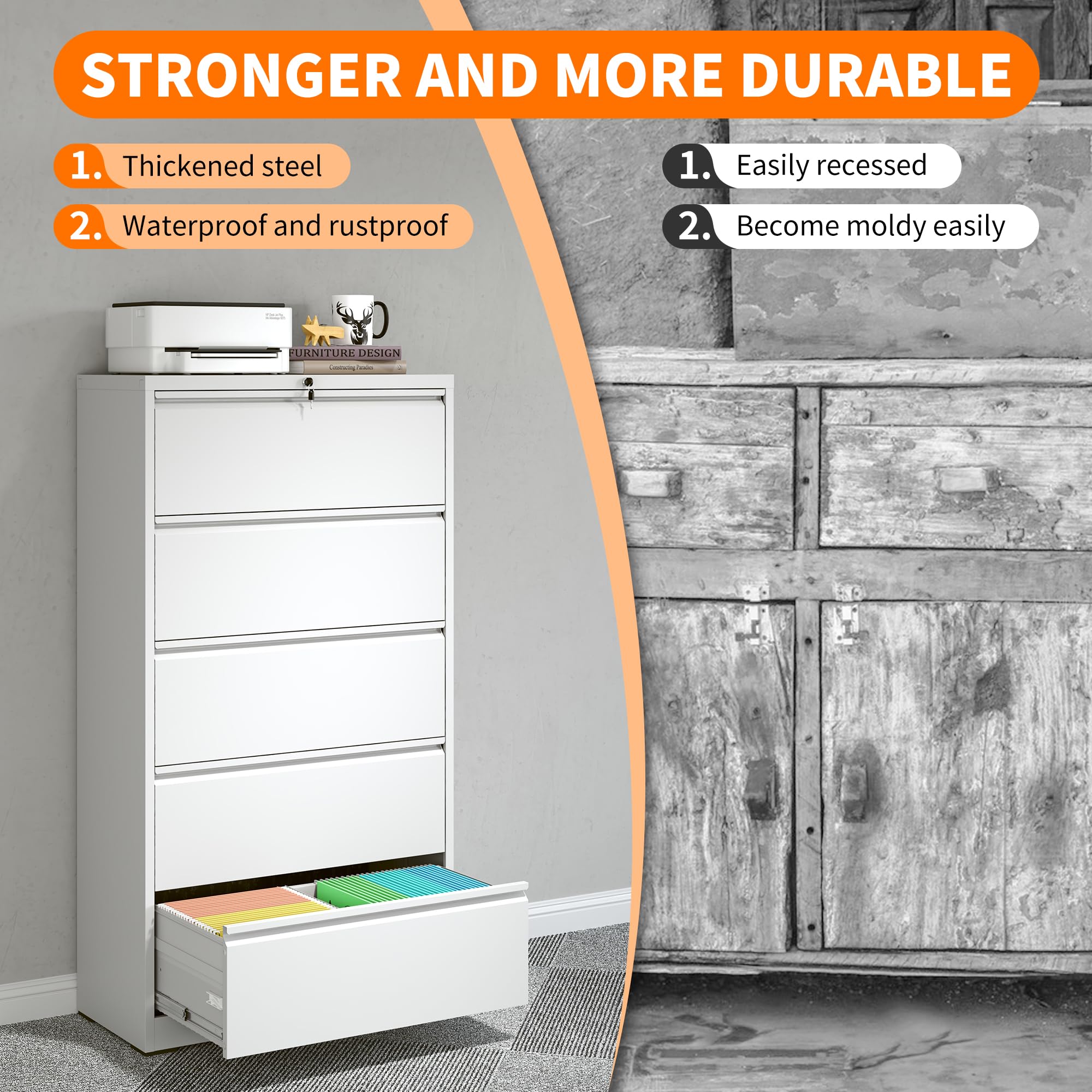 5-Drawer Heavy Duty Locking Lateral File Cabinet - Large Metal Home Office Storage for Legal & Letter Size Files (Assembly Required) - Perfect for Organizing Documents, Office Supplies & Home Office Storage