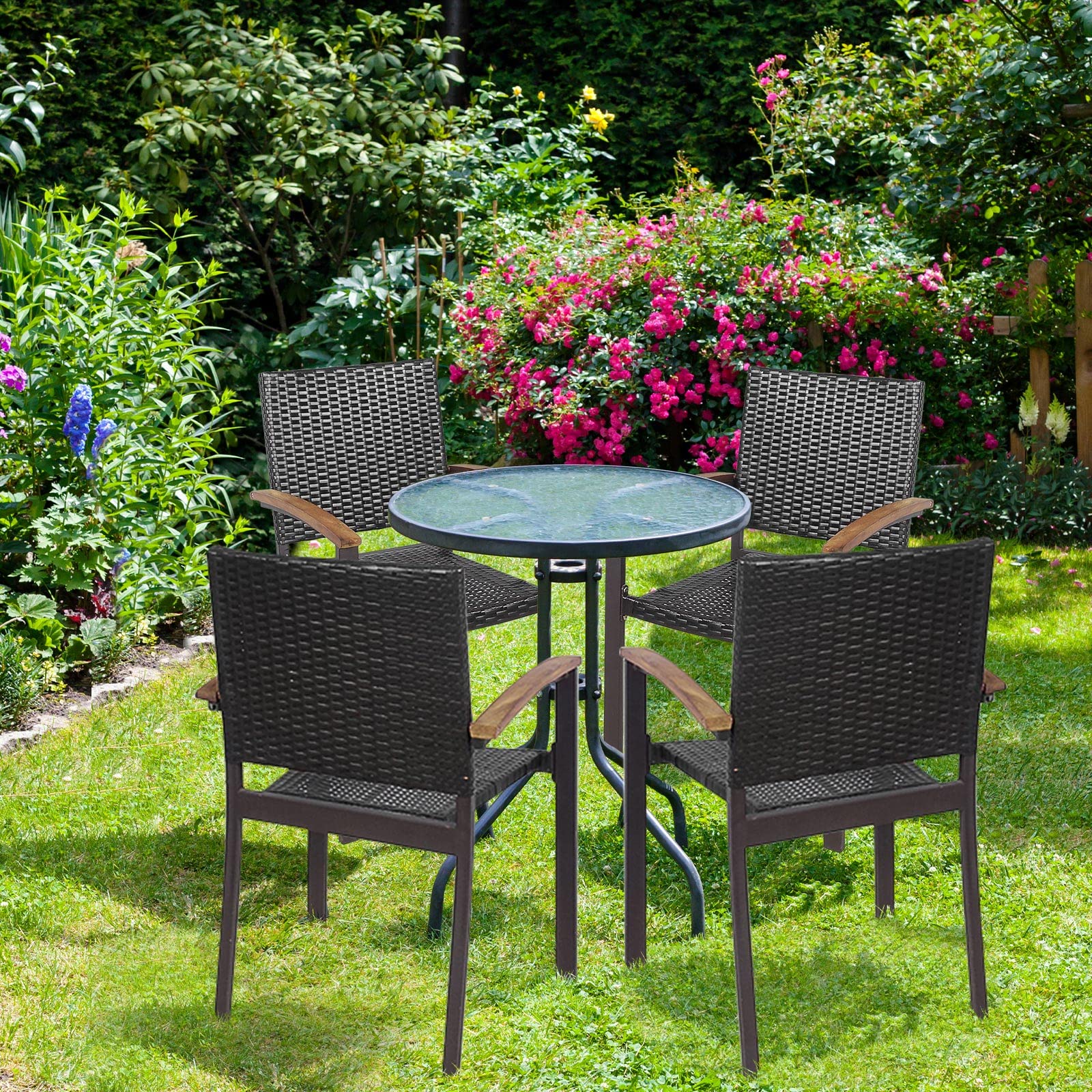 HappyGrill 4-Piece Outdoor Patio Dining Chairs Set - Stackable Rattan Wicker Armchairs with Steel Frame for Garden, Deck, Poolside & Indoor Use - Weather-Resistant Comfortable Seating for Backyard, Restaurant & Cafe