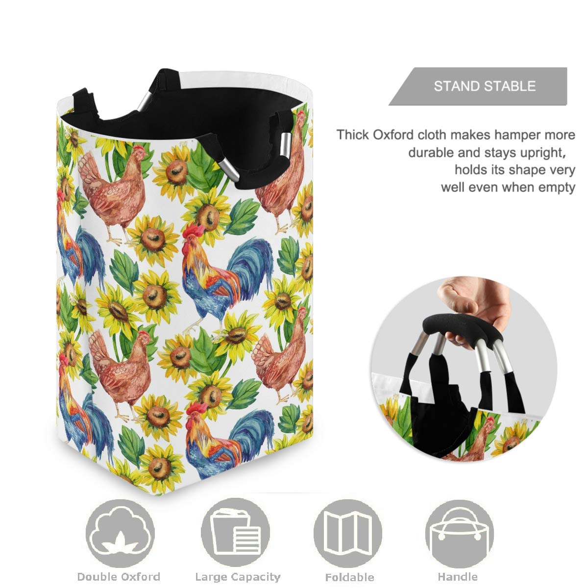Visesunny Hen & Rooster Sunflower Large Collapsible Laundry Hamper - Foldable Portable Dirty Clothes Basket with Handles, Waterproof Oxford Fabric Washing Bin - Perfect for Home, Dorm, Travel & Camping