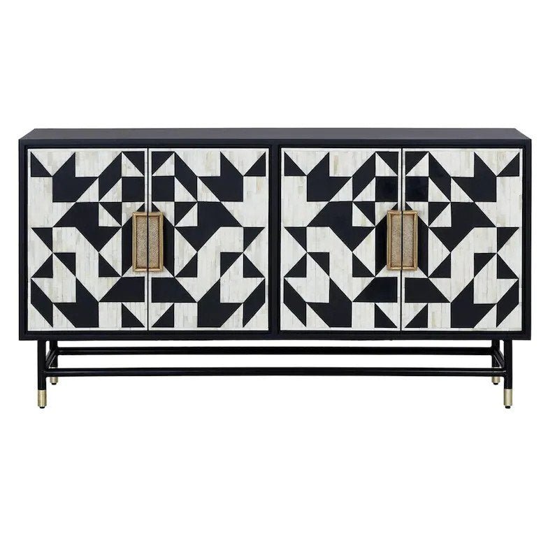 Handmade Bone Inlay Wooden TV Stand | 4-Door Media Console Table with Storage - Perfect for Living Room, Bedroom & Home Theater Organization