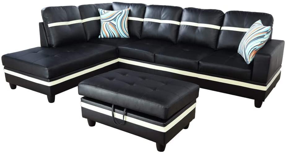 Ponliving 3-Piece L-Shaped Sectional Sofa Set with Chaise, Storage Ottoman & Throw Pillows - Modern Left-Facing Couch in Black & White | Perfect for Living Rooms, Apartments & Small Spaces