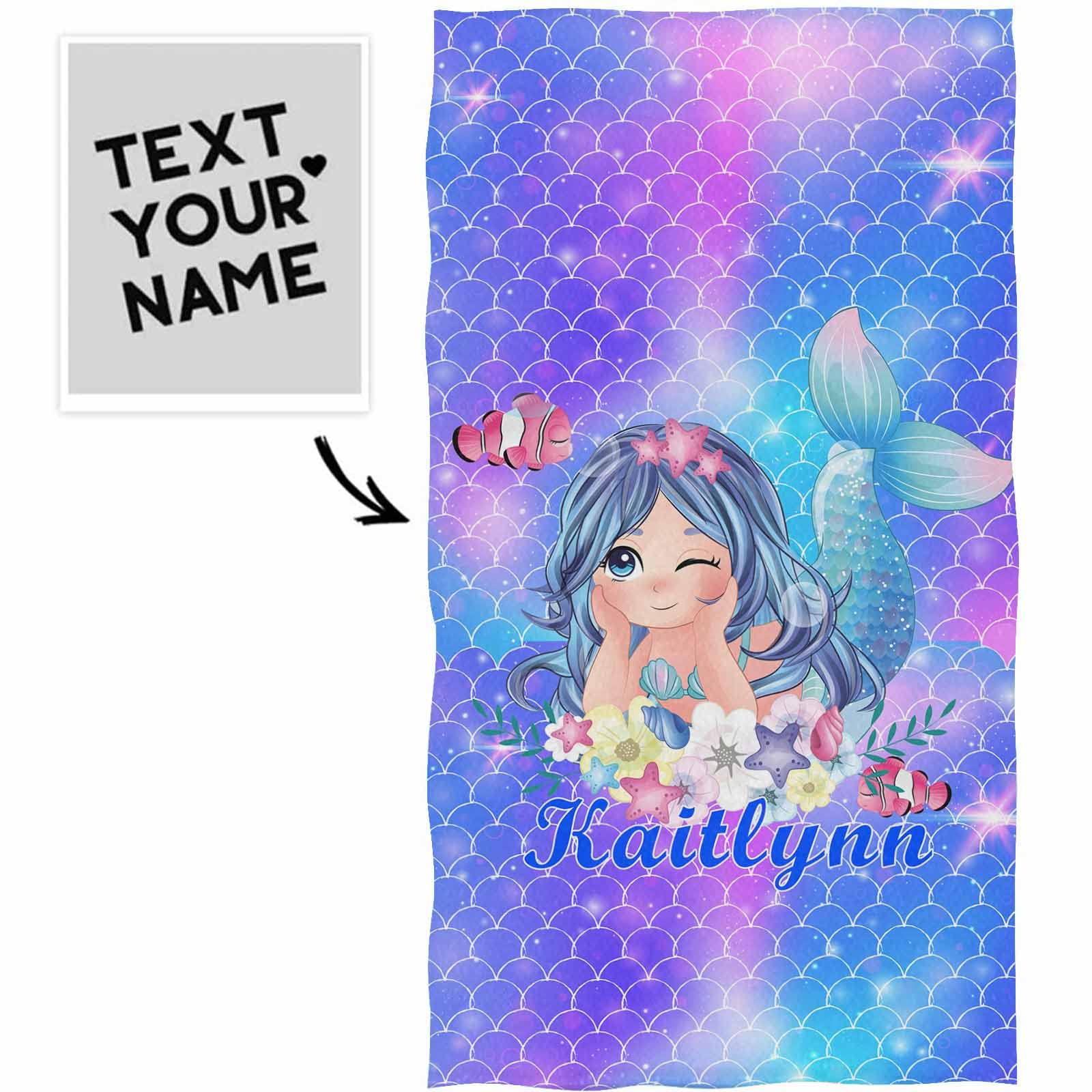 YESCUSTOM Personalized Kids Beach Towels - 100% Absorbent Cotton Cute Cartoon Mermaid Design 30