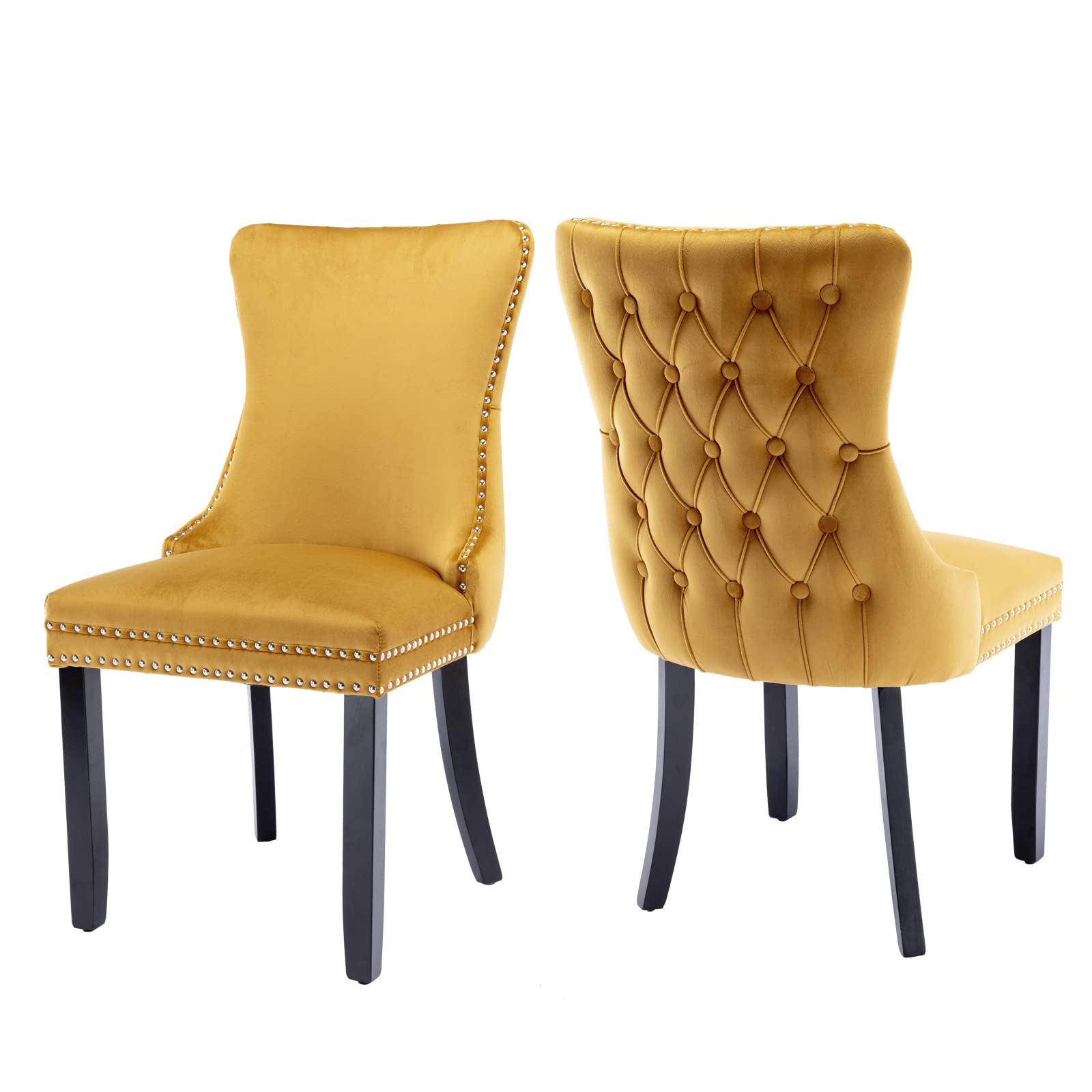 Luxury Velvet Upholstered Dining Chairs Set of 2 - Wingback Accent Chairs with Solid Wood Legs, Nailhead Trim & Button Tufted Back - Elegant Kitchen & Dining Room Decor (Golden Yellow) | Perfect for Modern Home, Restaurant & Wedding Decor