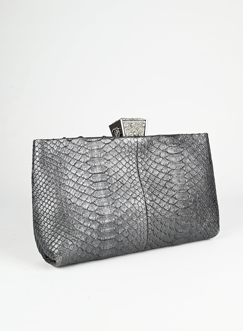 Chanel Pochette Handbag in Anthracite Python Leather - Elegant Evening Clutch for Parties & Special Occasions