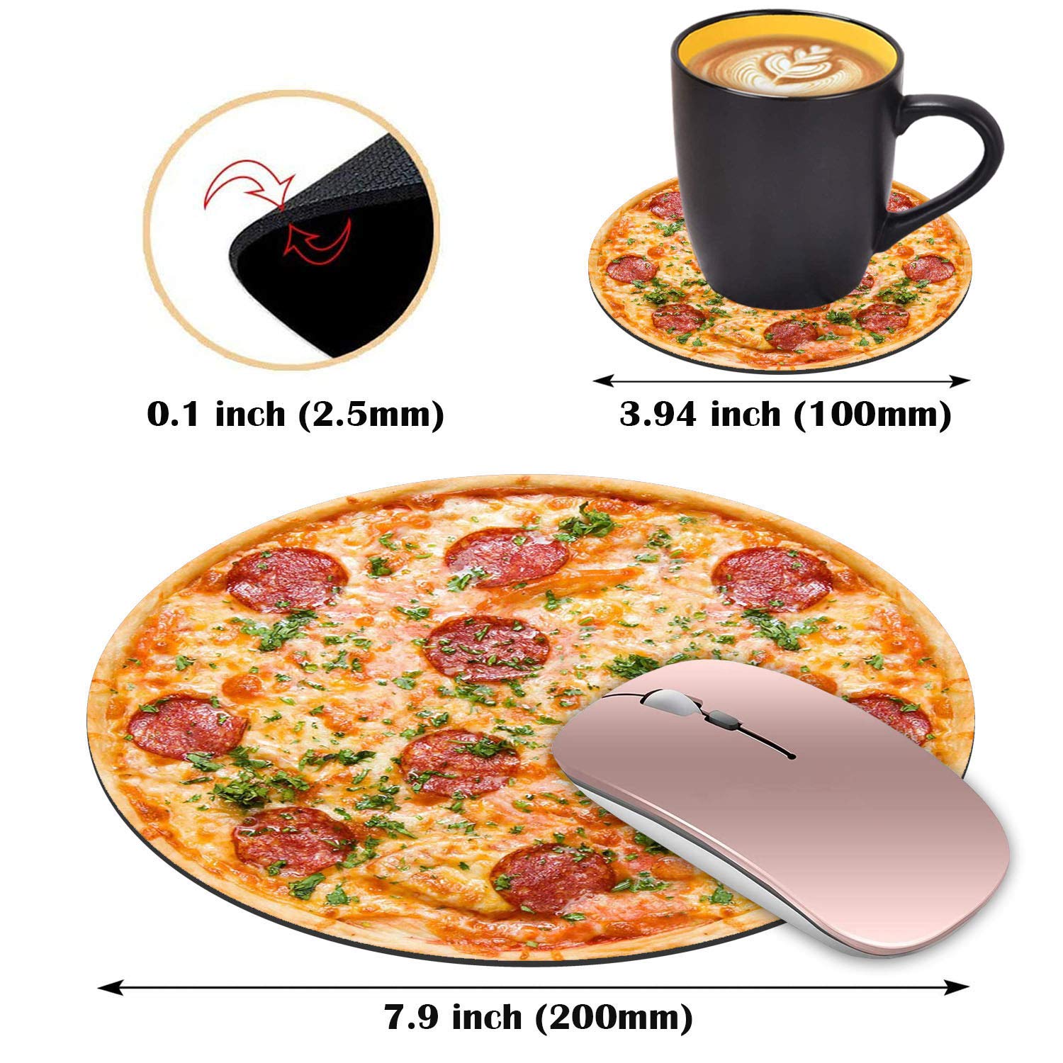 LACOMA Round Mouse Pad and Coasters Set - Non-Slip Rubber Base Pizza Design Mouse Pad for Laptop & Computer, Cute Desk Accessories | Perfect for Office, Gaming & Home Workspace Decor