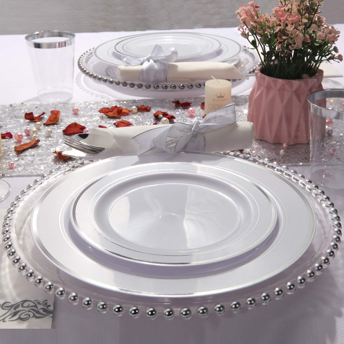 700-Piece Silver Disposable Dinnerware Set for 100 Guests - Includes 100 Dinner Plates, 100 Dessert Plates, 100 10oz Cups, 100 Napkins & 100 Plastic Cutlery Sets | Perfect for Weddings, Parties, Catering & Large Events