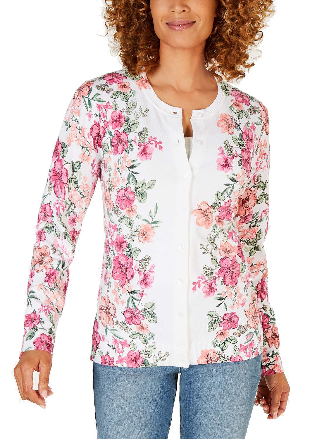 Karen Scott Petite Floral-Print Cardigan Sweater for Women - Lightweight Knit Open Front Cover-Up for Spring & Summer - Perfect for Office, Date Night & Casual Outings