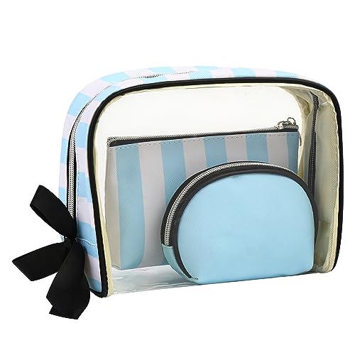 Quirky Makeup Bag Set for Women - 3 Sizes Travel Toiletry Bags with Ribbon Zipper (Blue Stripe) | Portable Cosmetic Organizer for Daily Use, Gym & Vacation Essentials
