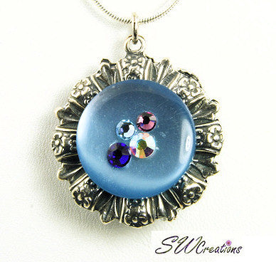 Reversible Blue Aqua Crystal Fusion Button Pendant Necklace for Women - Elegant Statement Jewelry for Parties, Weddings & Everyday Wear