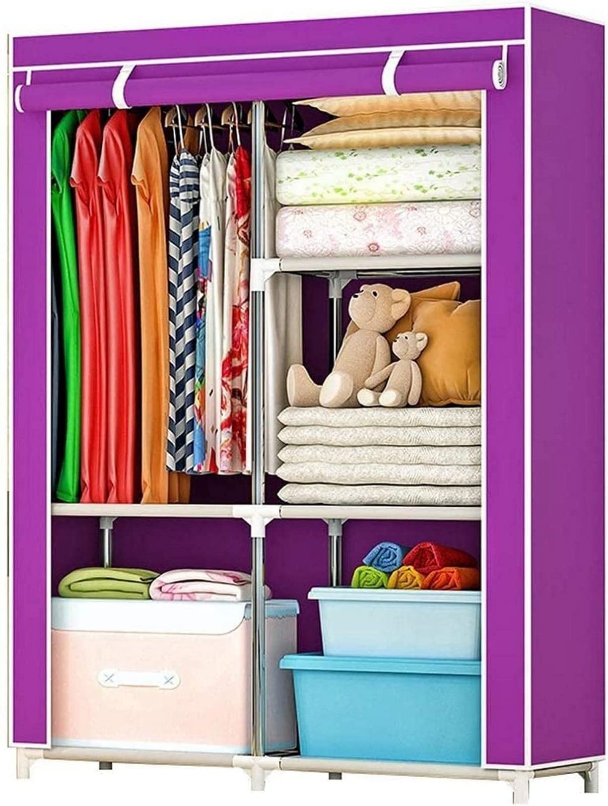 Portable Wardrobe Closet - Foldable Dustproof Clothes Storage with Reinforced Steel Frame (39x16x59 Inches, Purple) - Ideal for Small Spaces, Dorm Rooms & Travel