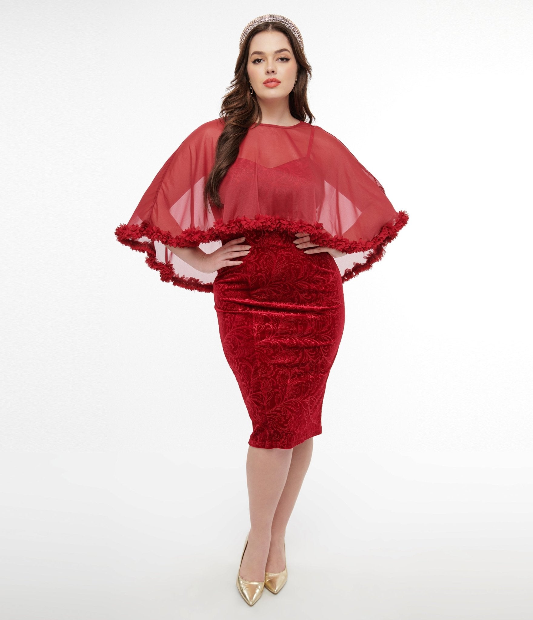 Vintage 1960s Red Velvet Ruffle Capelet Wiggle Dress - Retro Cocktail Party & Holiday Formal Wear for Women