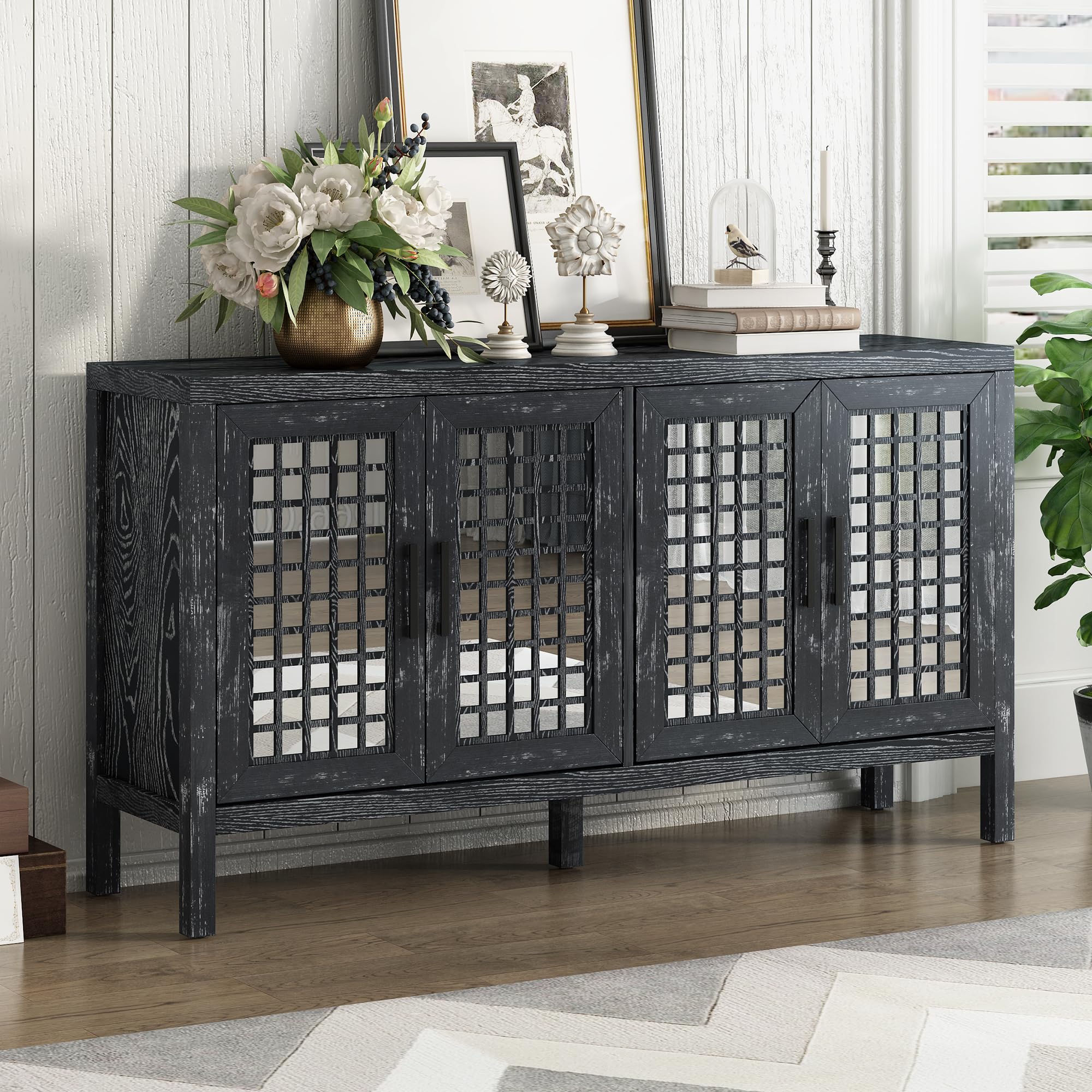 VZADGWA Retro 4-Door Mirrored Buffet Sideboard with Storage - Adjustable Shelves Entryway Cabinet, Kitchen Console Table for Dining Room, Living Room & Hallway - Perfect for Home Decor, Storage & Organization