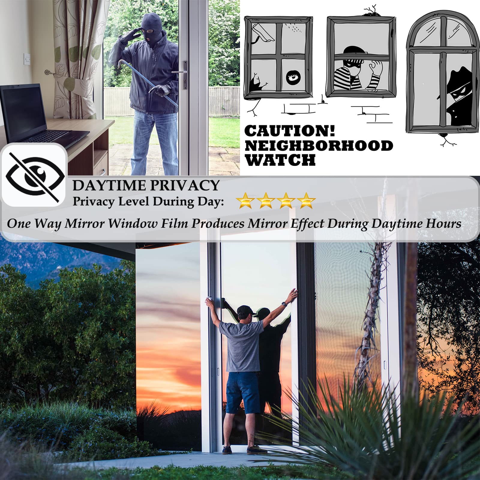 One Way Mirror Window Privacy Film - Black Silver Reflective Tint, 23.6
